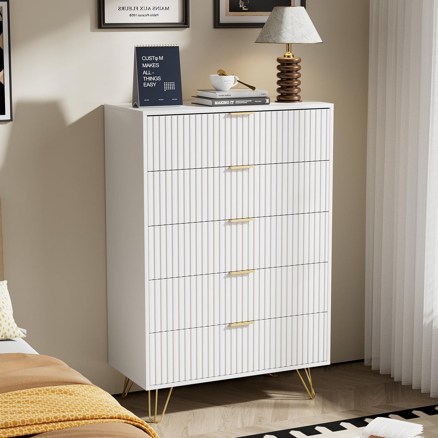 Furniway White Dresser for Bedroom, Fluted Modern Dresser with Gold Pulls and 5 Drawers, 15.7" D x 31.5" W x 47.2" H