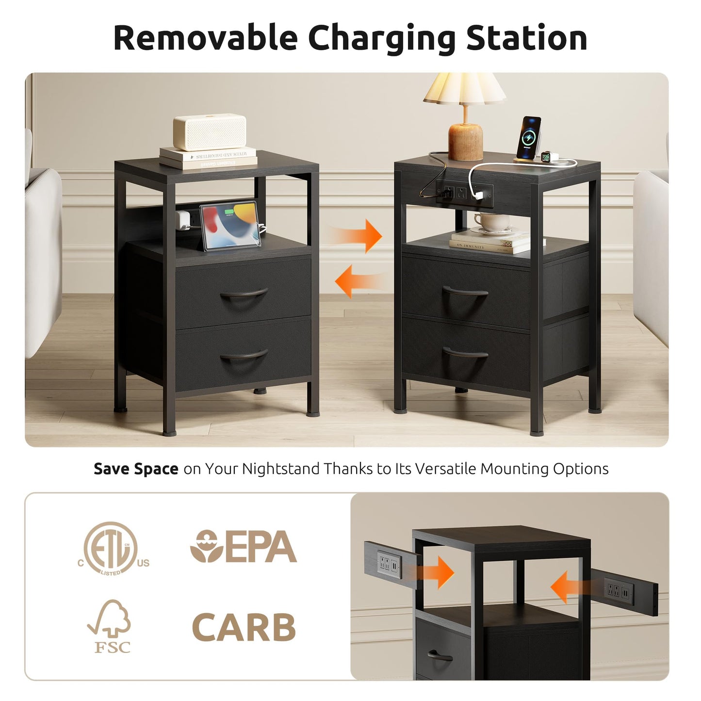 NightStand Bedside Charging Table Bedroom - Night Stand with Charger Station, Modern Nightstand with Open Shelf & 2 Fabric Drawers, Bed Side Table with USB-C USB Ports & AC Outlets for Dorm, Black