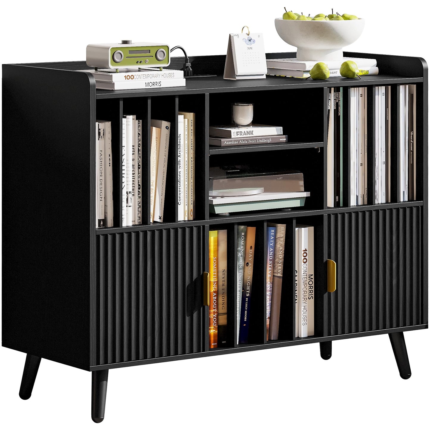 IRONCK Storage Shelf Bookcase, Bookshelf with Doors, Multifunctional Display Cabinet with Power Outlet, Suitable for Various Scenarios, Black