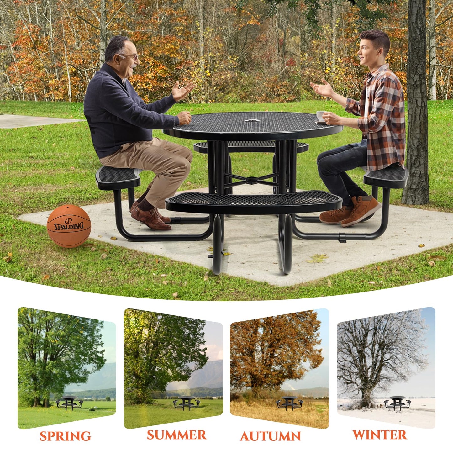 Jinrrenyi 46IN Circle Metal Picnic Table Set with Umbrella Hole and Benches for Outdoor, Expanded Heavy Duty Metal Commercial Grade Patio Dining Furniture for Yard Patio Lawn Party Coffee, Black