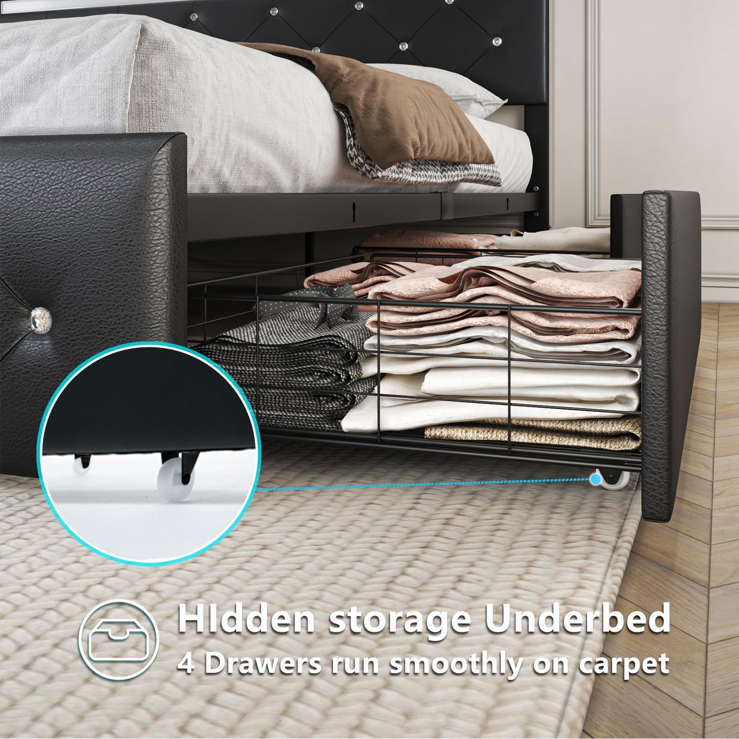Forrise Bed Frame Queen Size with LED Light and Storage Drawers, Adjustable Headboard with PU Leather Upholstered, 2 Sockets and 2 USB Ports, No Box Spring Needed, Wooden Slats Support, Black