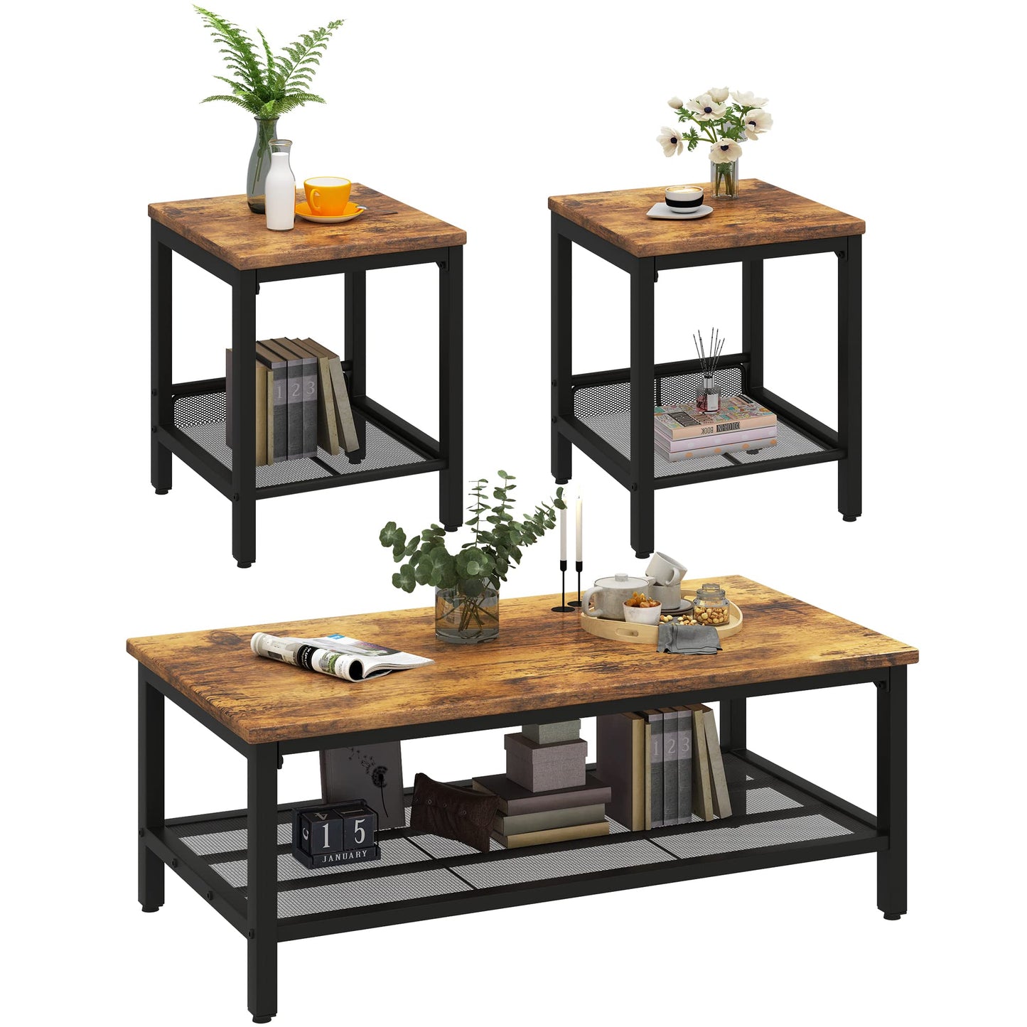furlinkhm Coffee Table Set of 3, Industrial Coffee Table with 2 Square End Side Tables, Modern Living Room Table Set, with Metal Frame, for Apartment Home Office, Brown