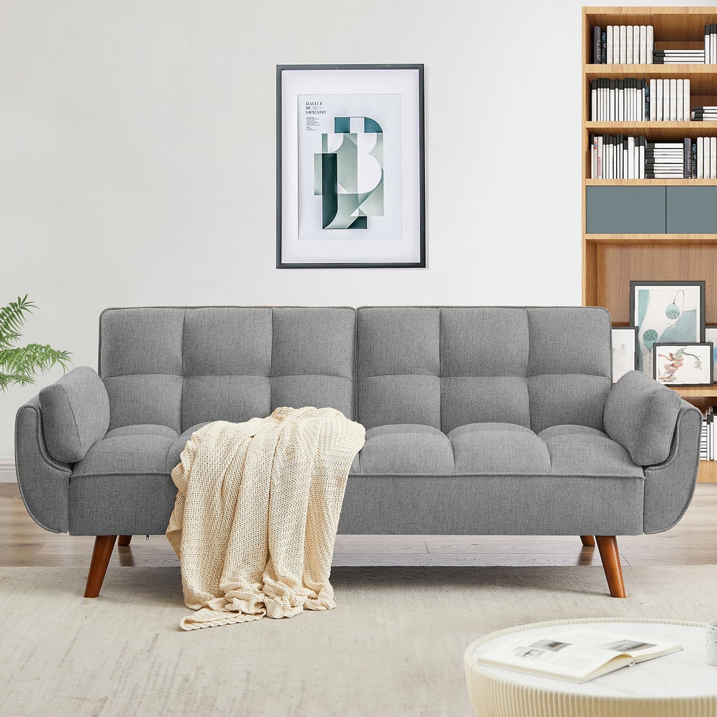 Homies Life Convertible Futon Sofa Bed, Linen Sleeper Couch, 75" W Modern 3 Seater Tufted Sofa with Adjustable Backrests and Solid Wood Legs for Living Room, Bedroom, Small Space, Gray