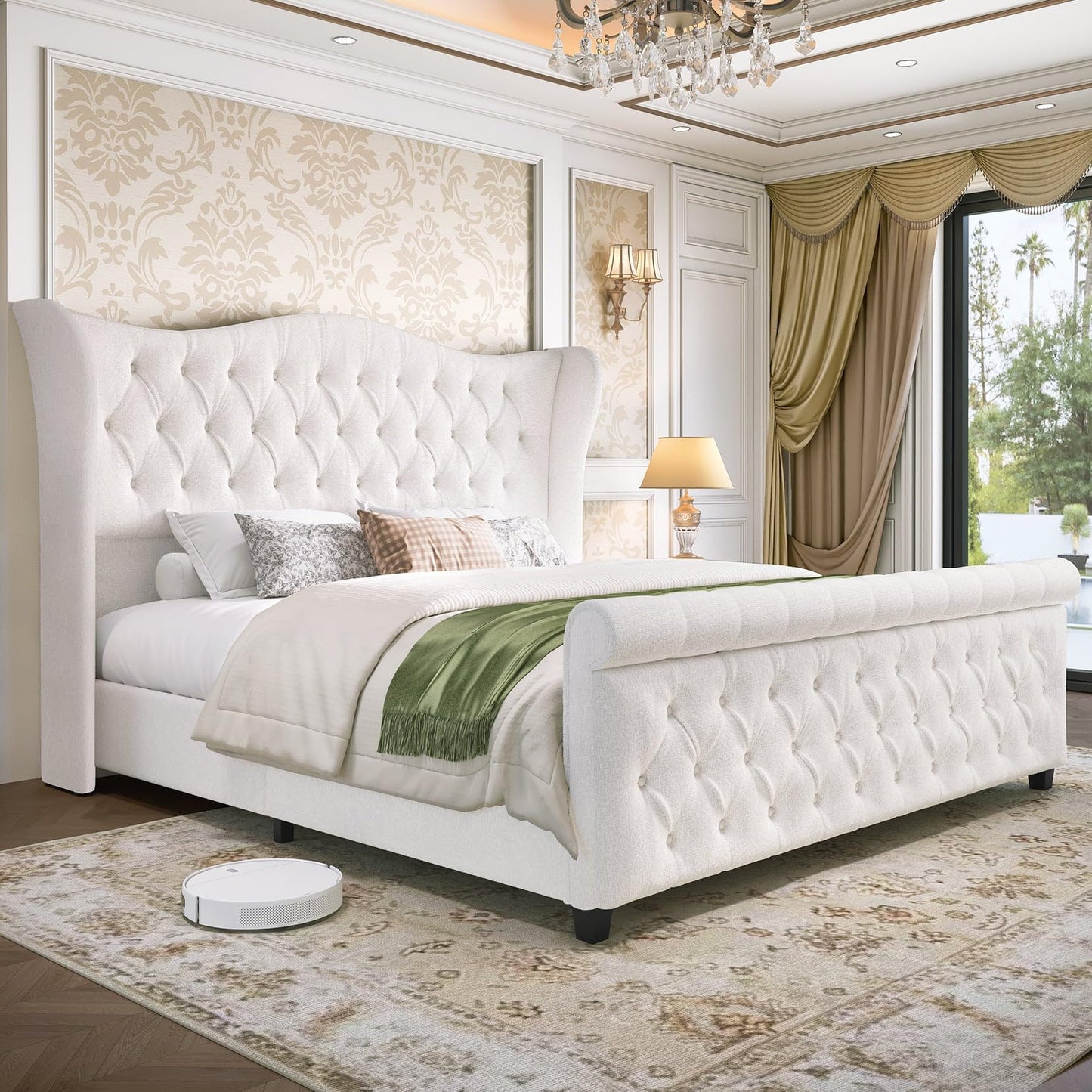 Queen Size Bed Frame Chenille Upholstered Platform Sleigh Bed with 51" Scroll Wingback Tall Headboard & Footboard/Deep Button Tufted/Easily Assemble/Wood Slats Support/No Box Spring Required/Cream
