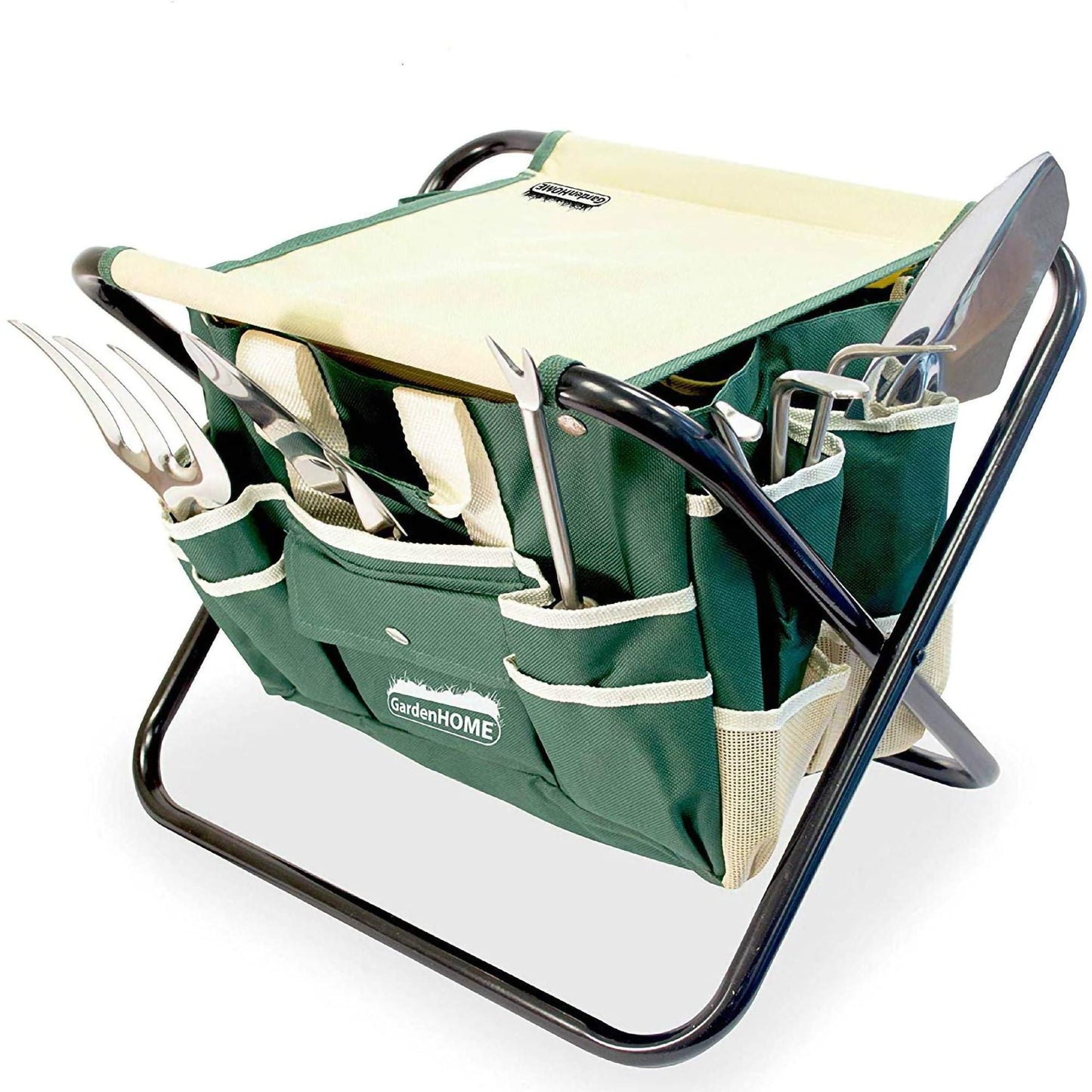 GardenHOME 7-Piece Gardening Tool Set – Stainless Steel Tools with Wooden Handles, Folding Stool, and Canvas Tote Bag, Green and White – Ideal for Gardeners, Men, and Enthusiasts
