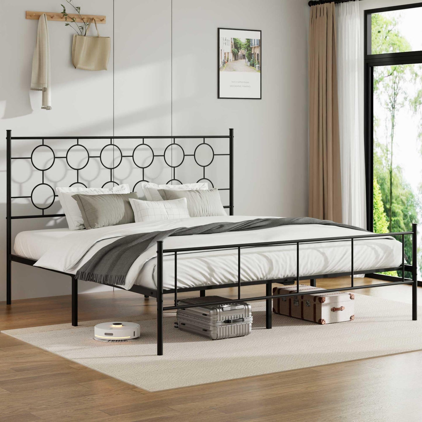 King Size Classic Metal Platform Bed Frame with Headboard and Footboard, Victorian Style Iron Bedframe with 12 inch of Storage Under Frame, Slat Support, No Springs Required, Easy to Assemble (Black)