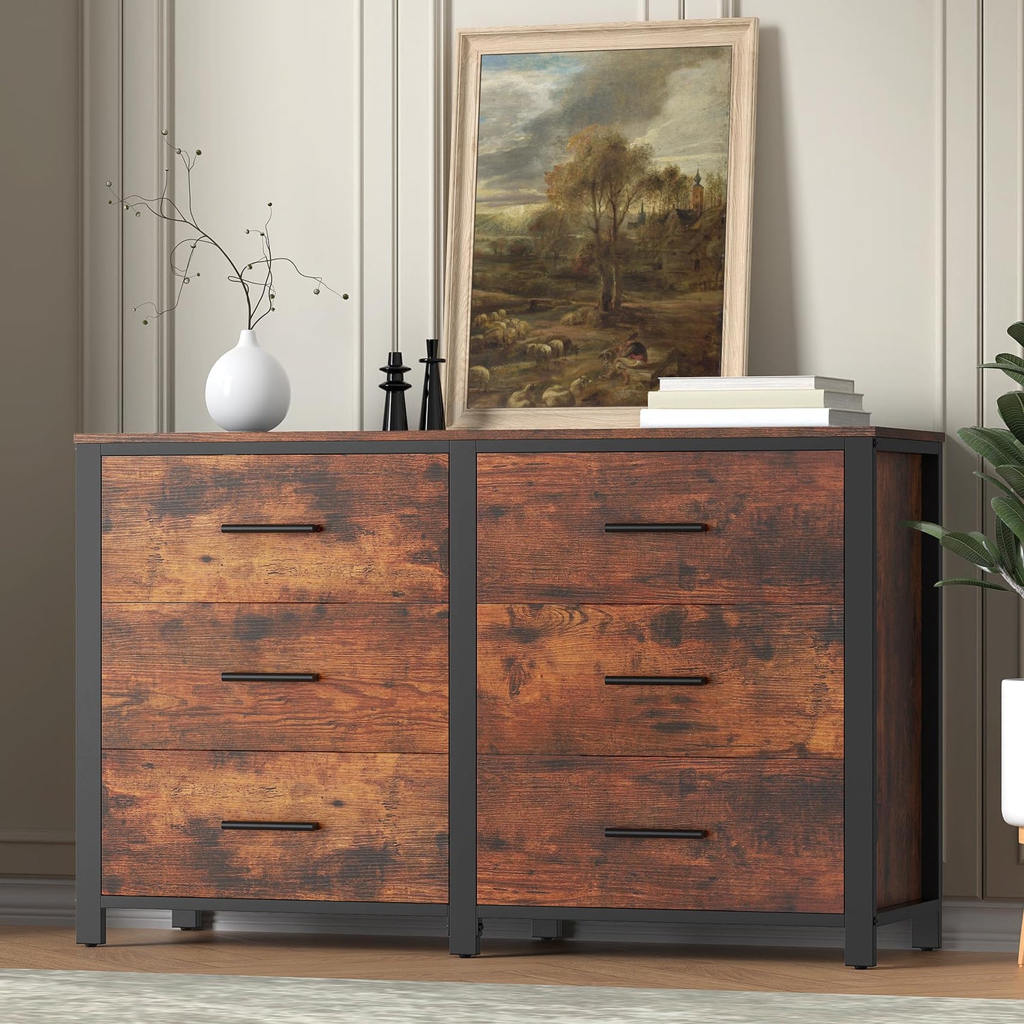 Frmobepts Rustic Brown Dresser for Bedroom, Wide Wood Dressers Furniture with 6 Wooden Drawer and Metal Frame, TV Stand with Deep Drawer (Rustic Brown)