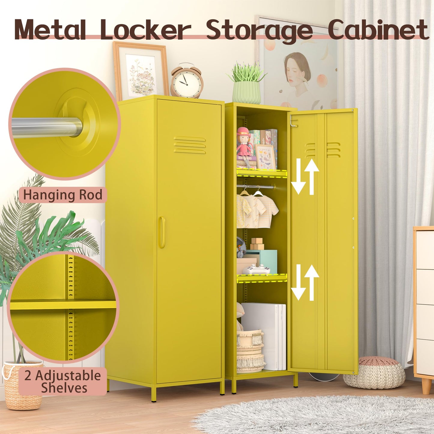 erosoei 1 Door 51.3" Metal Locker Storage Cabinet Steel Kids Wardrobe Changing Room Locker Cabinet Box with 2 Adjustable Shelves Steel Locker File Cabinet Organizer for School Gym Home Office