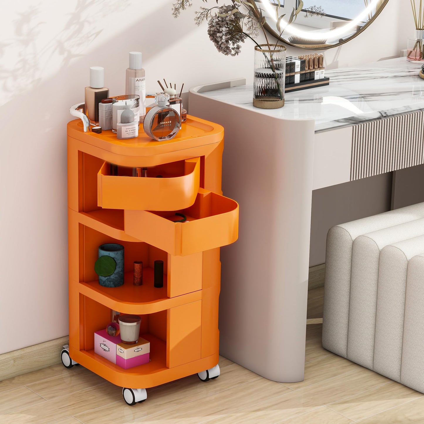 Edospaen Nightstand End Table Sofa Side Table Bedside Storage Organizer Cart with Drawers & Wheels, Multipurpose Portable Utility Cart Snack Storage Cart Trolley Cart