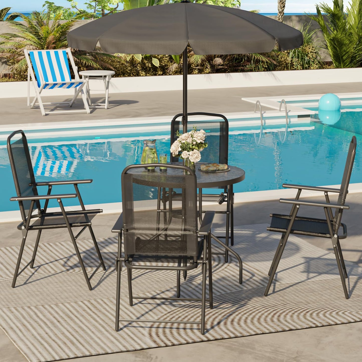 PUKAMI 6 Piece Folding Patio Dining Set with Umbrella, Outdoor Table and Chair with 4 Dining Chairs and Round Glass Table for Garden, Backyard and Deck, Black