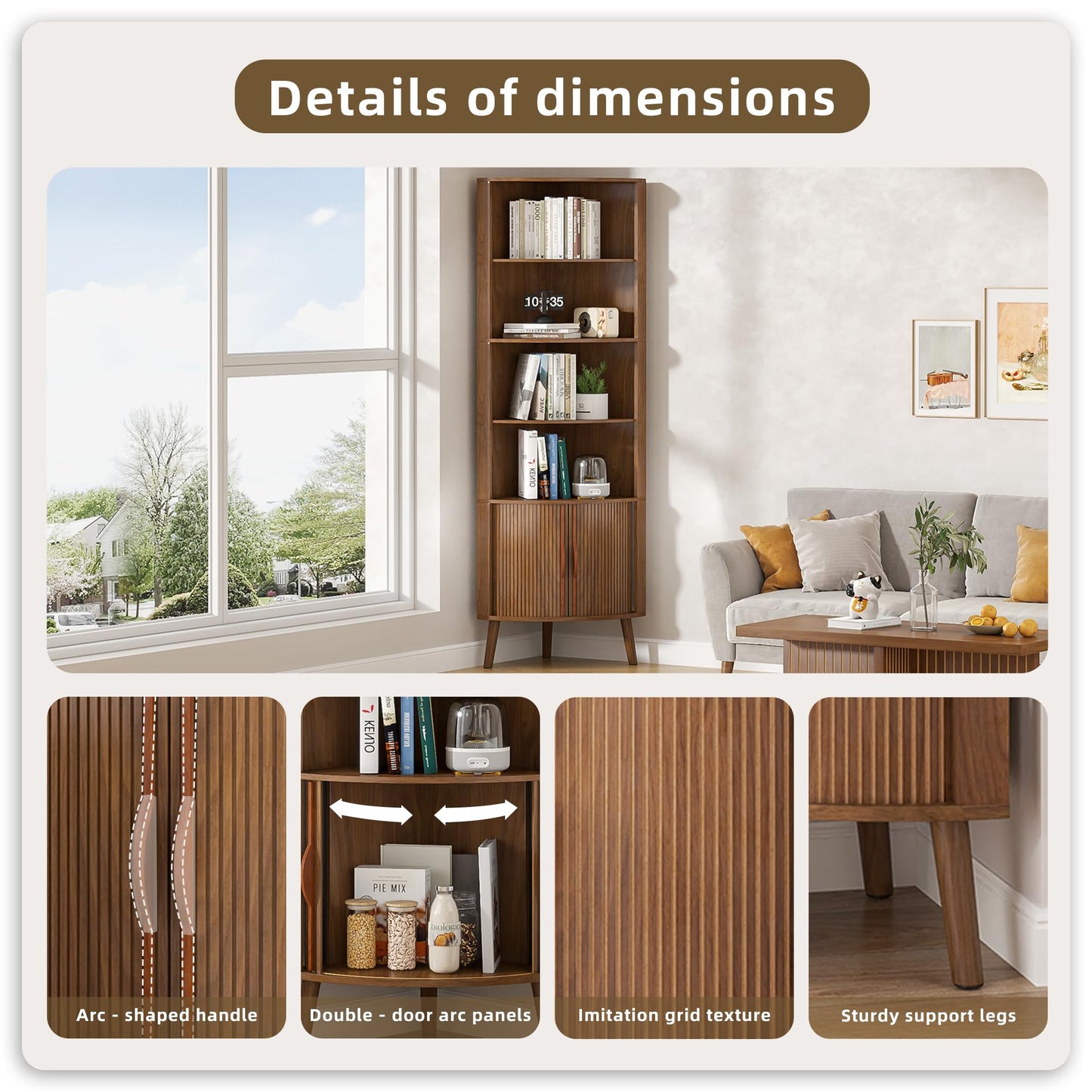 Limaoaio Corner Cabinet, 66.73'' Tall Modern Corner Bathroom Storage Cabinet with 2 Fluted Doors and Shelves, Home Space Saver for Kitchen, Living Room, Study Room(Walnut, 66.73''H)