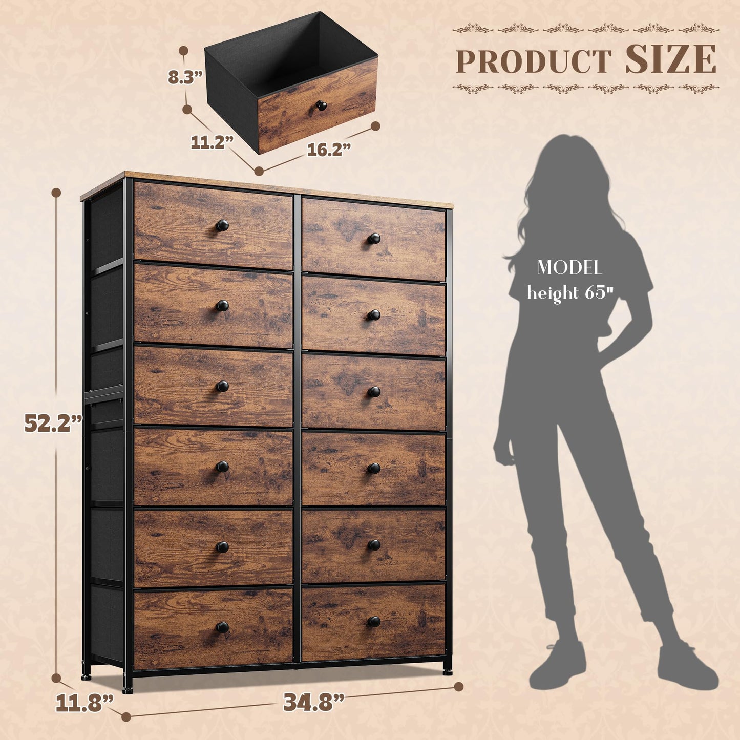 Romorgniz 12 Drawers Dresser for Bedroom, 52.2''H Tall Dresser for Closet, Dressers & Chests of Drawers with Wooden Tabletop, Metal Frame, Dressers for Bedroom, Hallway,Closet, Rustic Brown