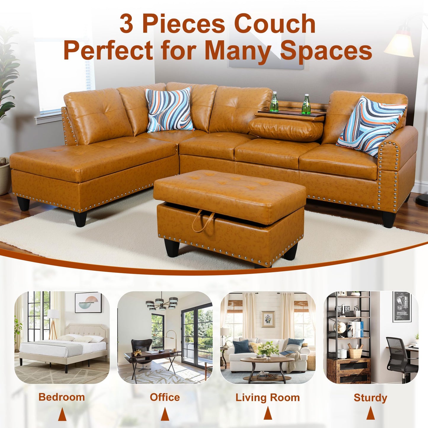 Osparple Sectional Couch L Shaped Couch for Living Room 3 Pieces Semi PU Synthetic Leather Modular Sectional Sofa Set with Chaise, Ottoman with Storage for Small Apartment, Ginger