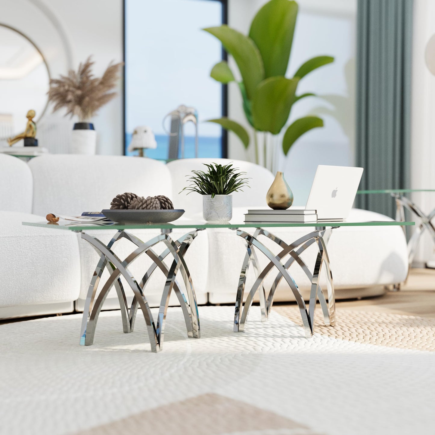 AUZ Silver and Glass Coffee Table for Living Room, 50 Inch Center Table with Tempered Glass Tabletop Stainless Steel Base, Modern Rectangular Coffee Table for Home Office