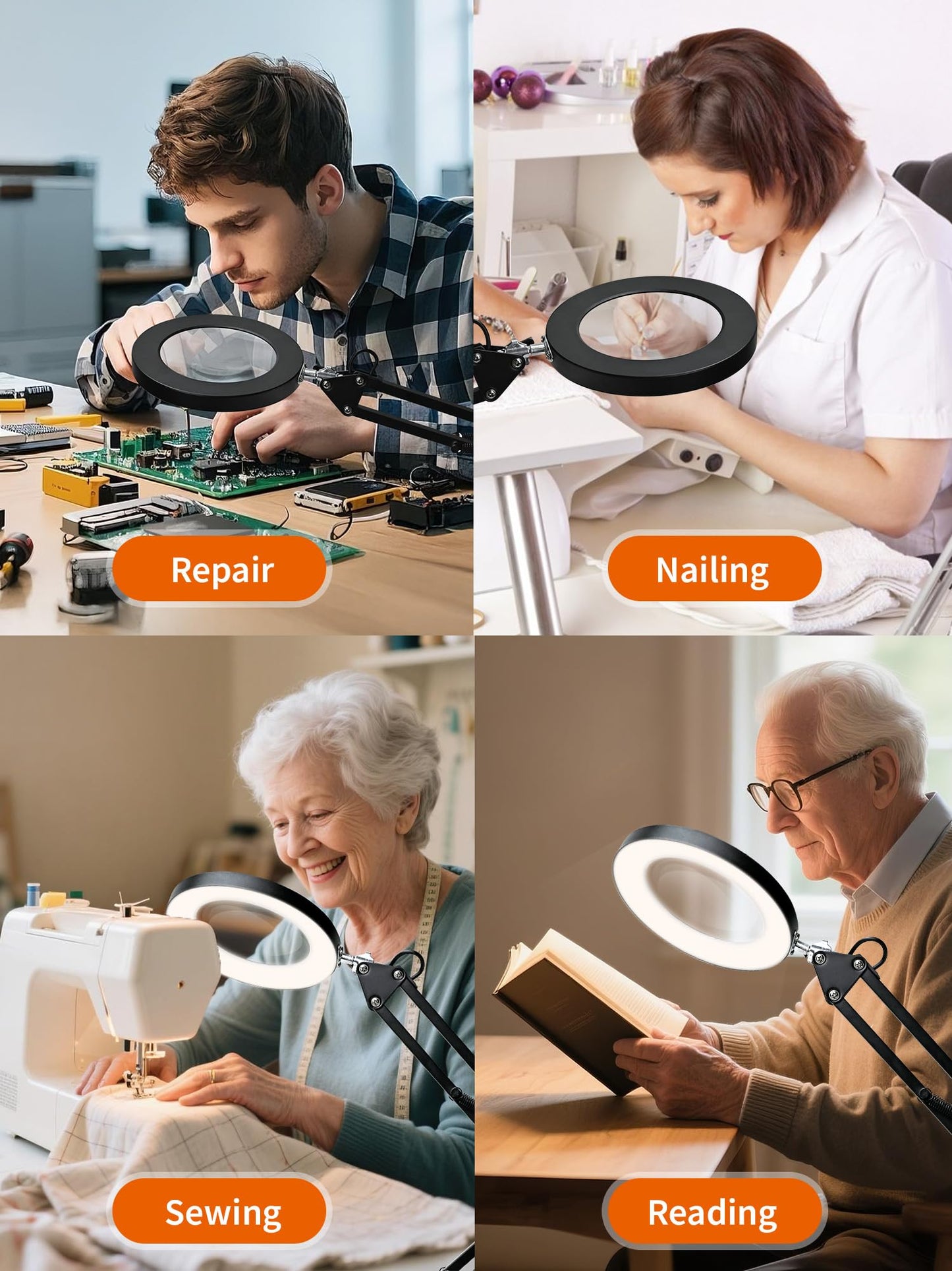 qlying 10X Magnifying Glass with Light and Clamp, Real Glass Lens Magnifier Lamp with 3 Color Modes & 270° LED Light, Dimmable Hands-Free Desk Clamp Lamp for Crafts, Reading, Painting, Repairing