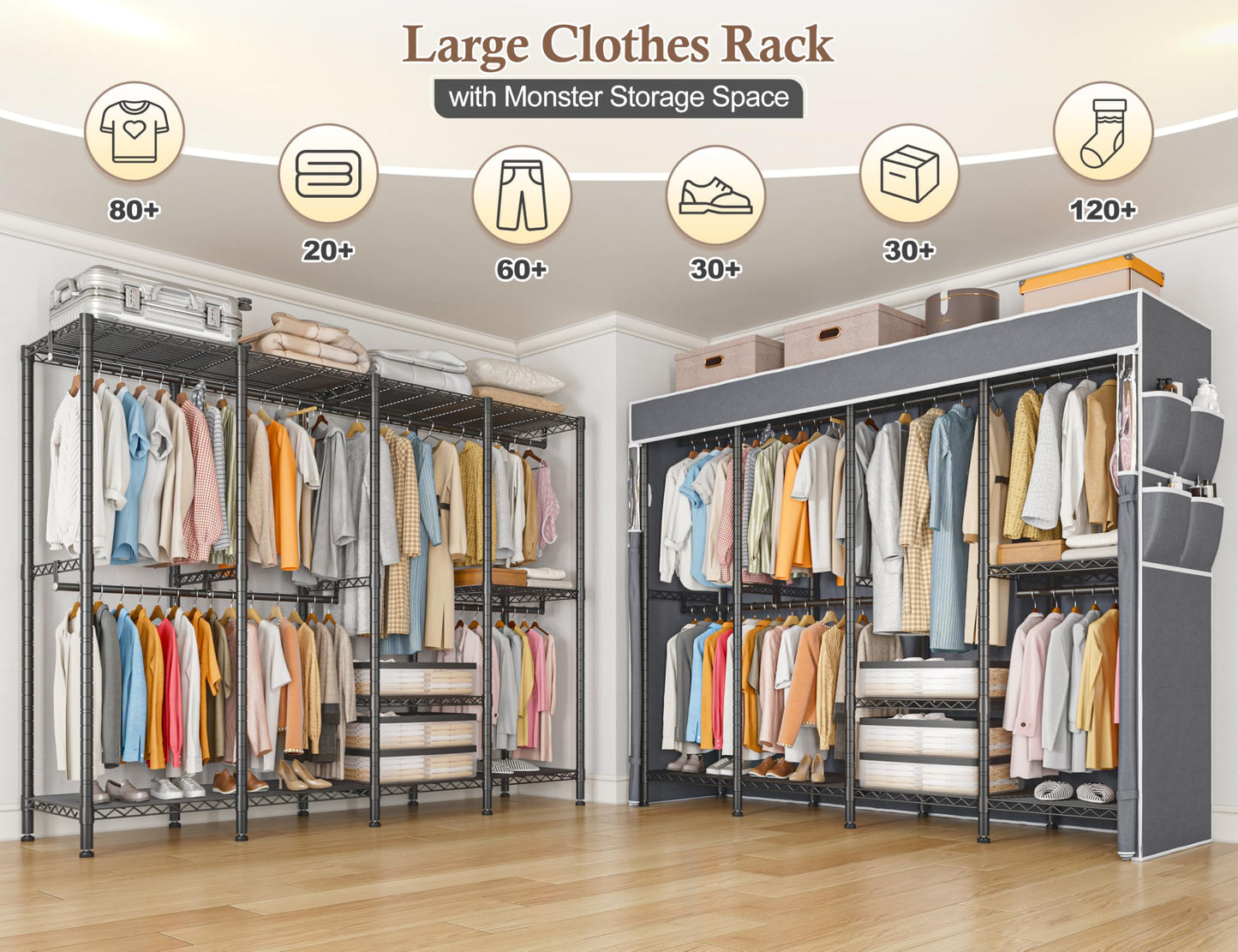 Raybee Clothes Rack with Cover, Metal Heavy Duty Clothing Rack for Hanging Clothes, Adjustable Wardrobe Closet Loads 1100 LBS,17.7" D x 75.8" W x 76.9" H,Black