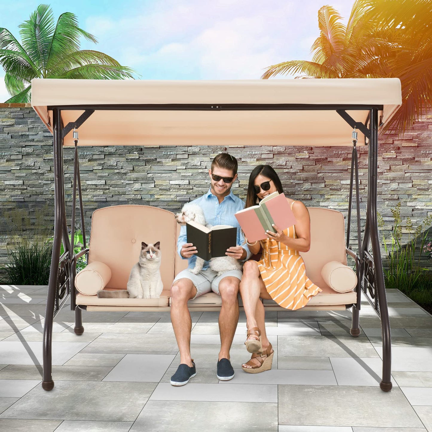 HOMREST 3 Seat Outdoor Porch Swing with Adjustable Canopy, Convertible Patio Swing Bed with Stand, Patio Glider Swing with Upgraded Cup Holder, Thicken Cushions ＆ Pillow for Backyard(Khaki)