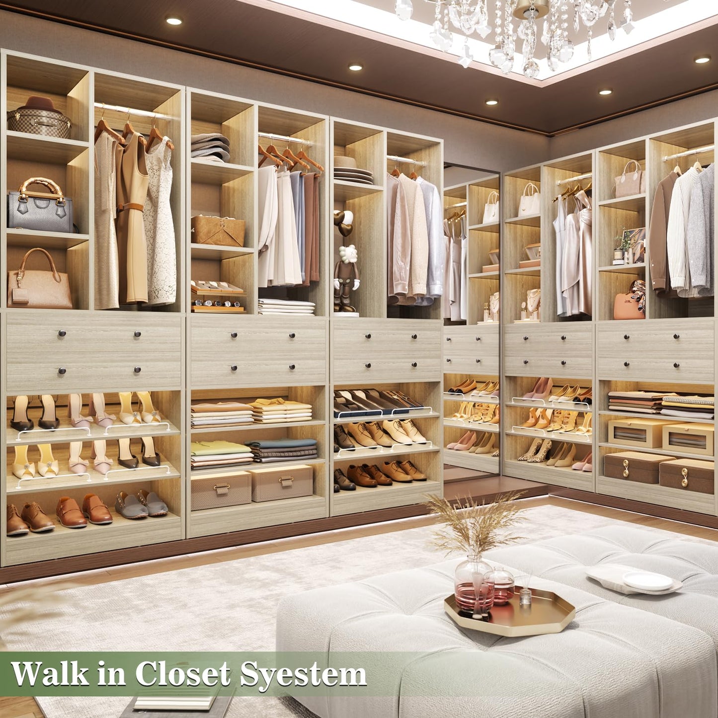 Besiost Closet System, 111"/9.3 FT Closet Organizer System with 8 Drawers and Shelves, Can Fit 120"/10FT Walk-in Closets Systems, Free Standing Reach in Closet Tower, Load 2400+LBS, Greige