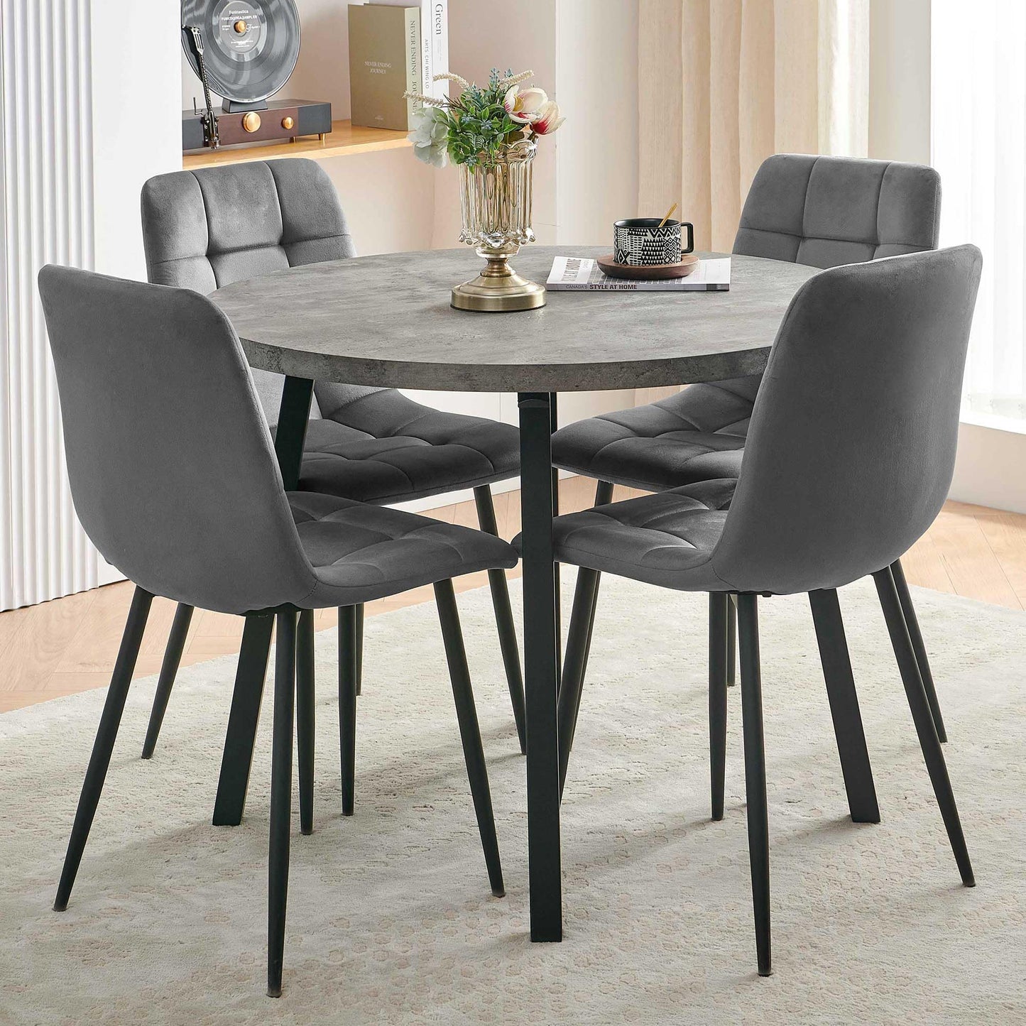Homedot Kitchen Table and Chairs Set for 4, 37" Grey Round Dining Table with Hooks, Solid MDF Faux Wood Tabletop, Grey Velvet Dining Chairs Upholstered Side Chair with Back