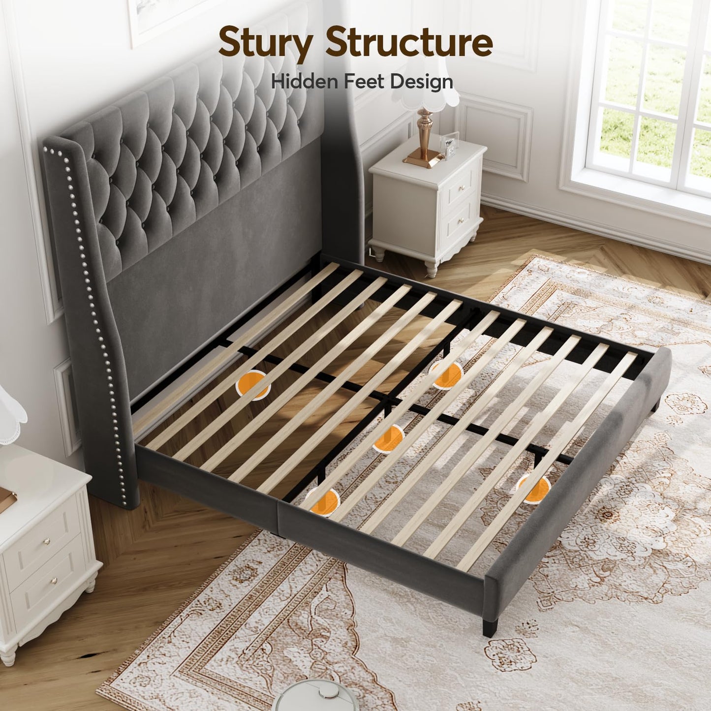 SEREINEY Full Bed Frame with 55" Tall Headboard, Upholstered Bed Frames, Soft Fabric, Button Tufted Headboard with Windback, Platform Bed, Noise-Free, No Box Spring Needed, Grey