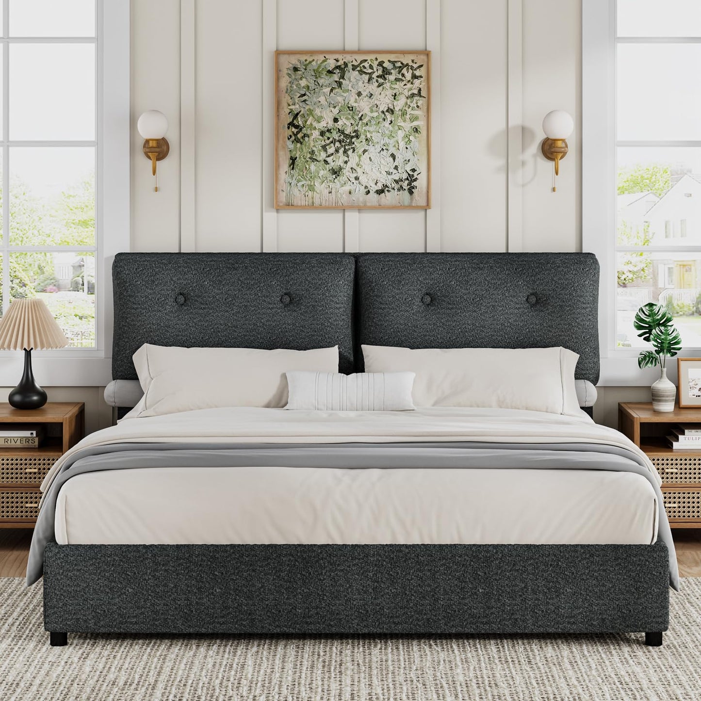 CHABUILDREARK King Size Bed Frame, Upholstered Boucle Platform Bed with Headboard, Cloud Bed Frames with Soft Headboard, Wooden Slats Support, No Box Spring Needed, Easy Assembly, Dark Grey