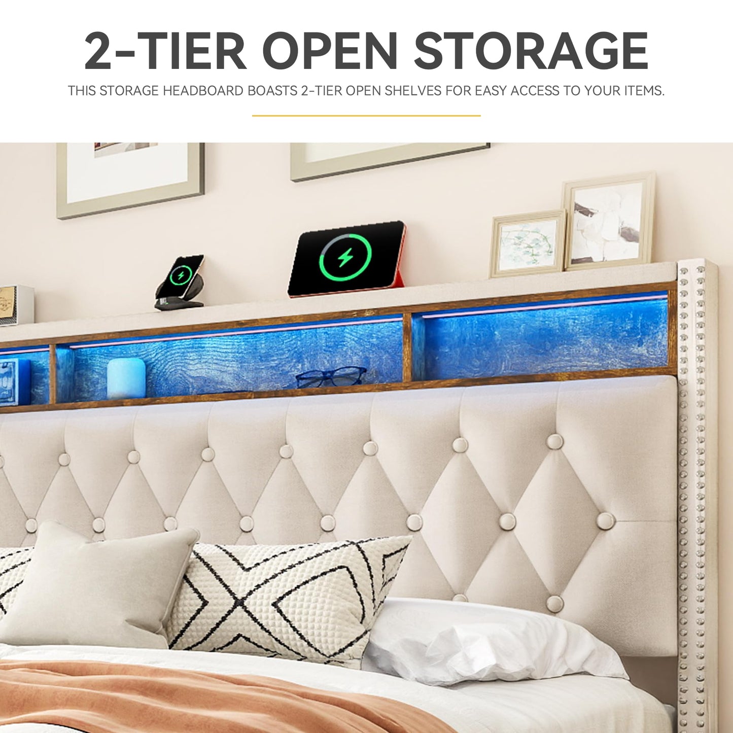 DWVO King Bed Frame with Upholstered Headboard, Platform Bed Frame with LED Lights & Charging Station, No Box Spring Needed, Beige