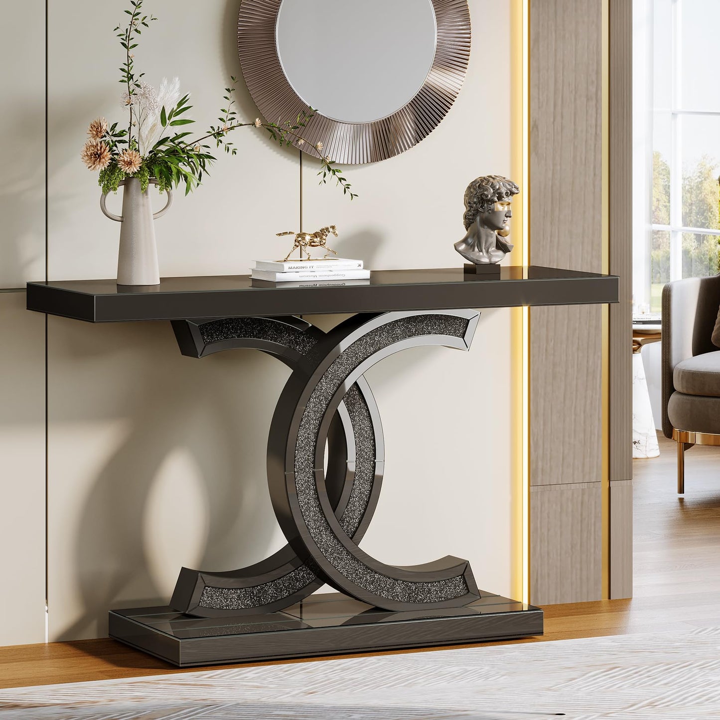 Mirrored Console Table, 39 Inch Modern Glass Entryway Table with C-Shaped Base, Black Finish Hallway Sofa Table for Living Room