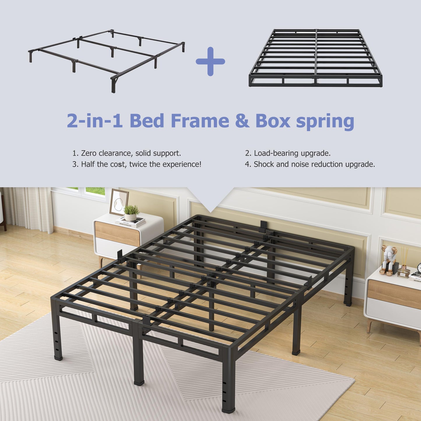 NKZ 22 Inch King Size Bed Frame, Metal Bed Frame & Box Spring 2 in 1 Platform with Round Corner Legs, 4000Lbs Heavy Duty Metal Frame, Mattress Slide Stopper, Headboard Hole, Noise-Free, Easy Assembly