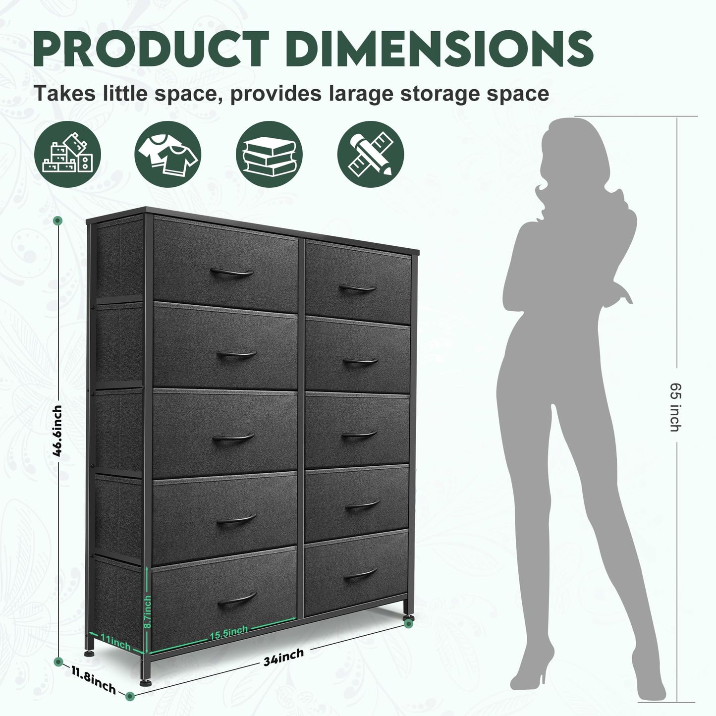 Sonharlar Dresser for Bedroom with 10 Drawers, Chest of Drawers, Storage Drawers Organizer Unit, Black Wide Fabric Dresser with Fabric Bins for Closet, Living Room, Entryway (Black and Charcoal Black)