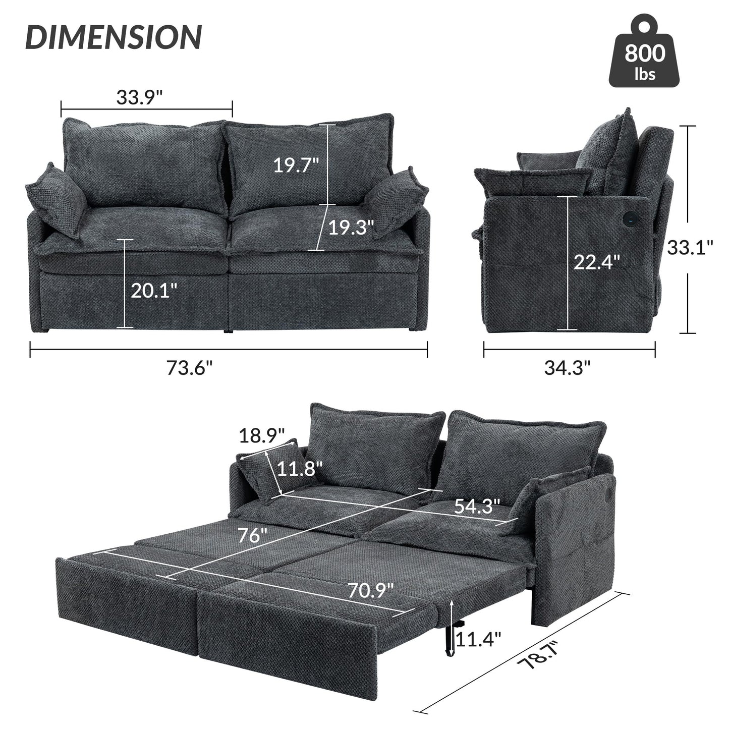 GRAINLLE King Size Pull Out Couch Bed,Convertible Loveseat Sleeper Sofa Couch with Pull-Out Bed, USB Charging & Side Storage,3-in-1 Corduroy Sleeper Sofa Bed for Living Room, Bedroom(Grey, 73.6'')