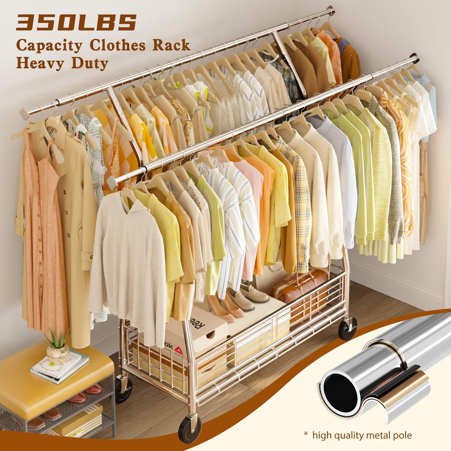 Raybee Heavy Duty Clothes Rack, 350LBS Clothing Rack with Sturdy Wheels and Shelves, Double Rods Clothing Racks for Hanging Clothes Commercial Portable Adjustable Garment Rack, Chrome