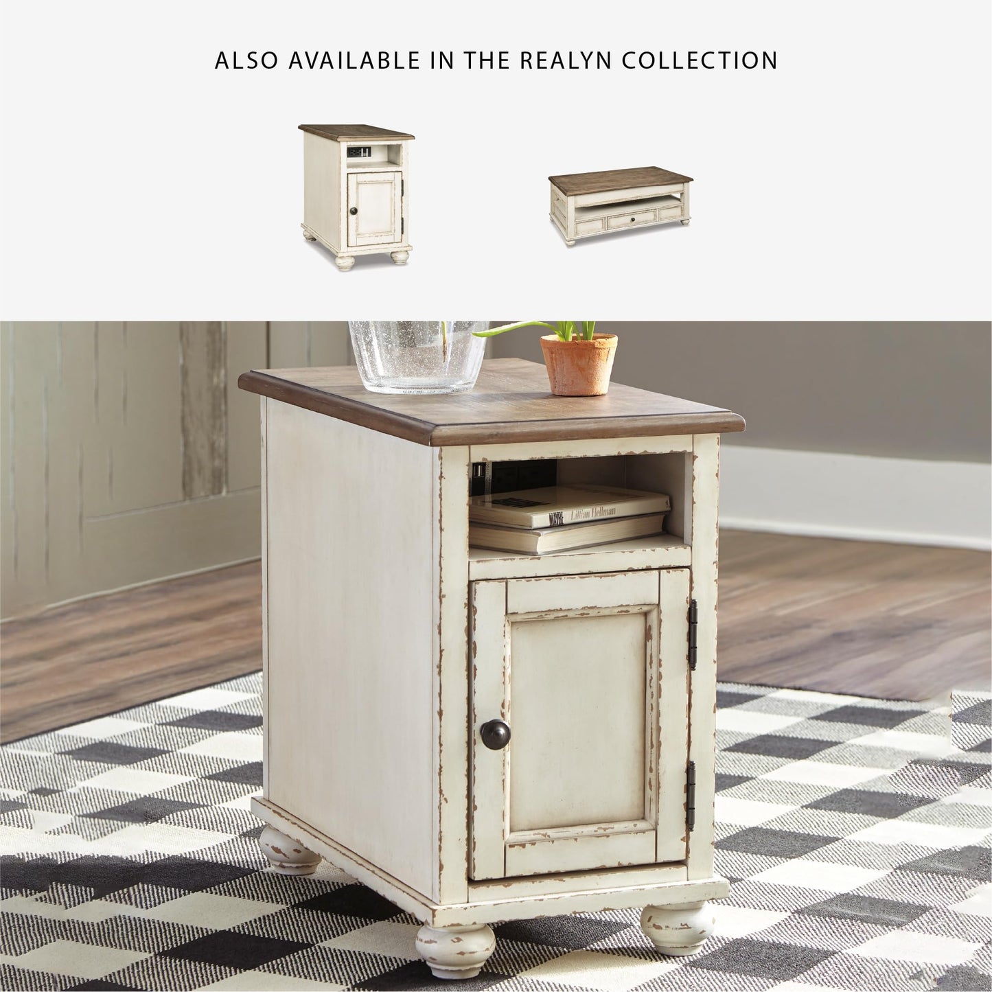Signature Design by Ashley Realyn French Country Chair Side End Table with Outlets & USB Ports, Cream