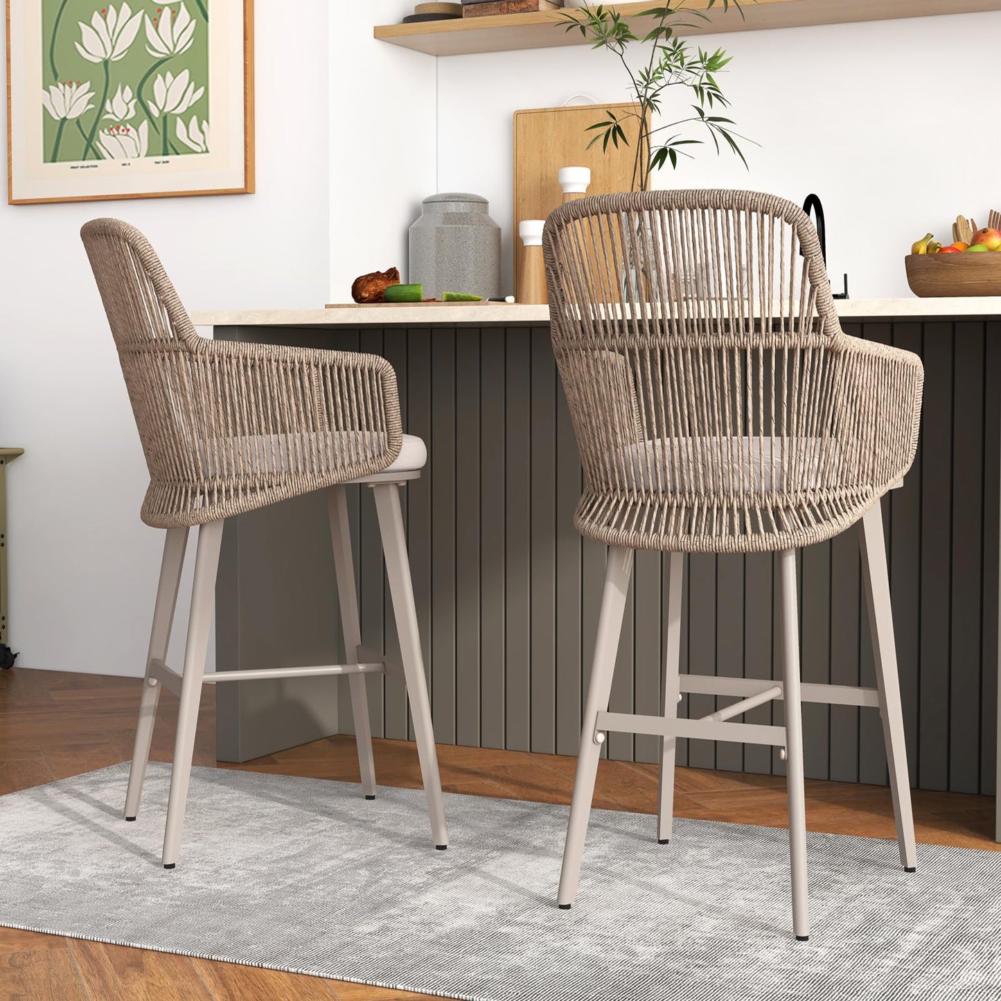 Patiorama Outdoor Bar Stools Set of 2, 46"" Counter Height Bar Stools Chair w/Woven Rope Back and Arm, Patio Metal Modern Wicker Bar Chairs, Rattan Bar Stool for Kitchen Island, Pool, Indoor,Beige