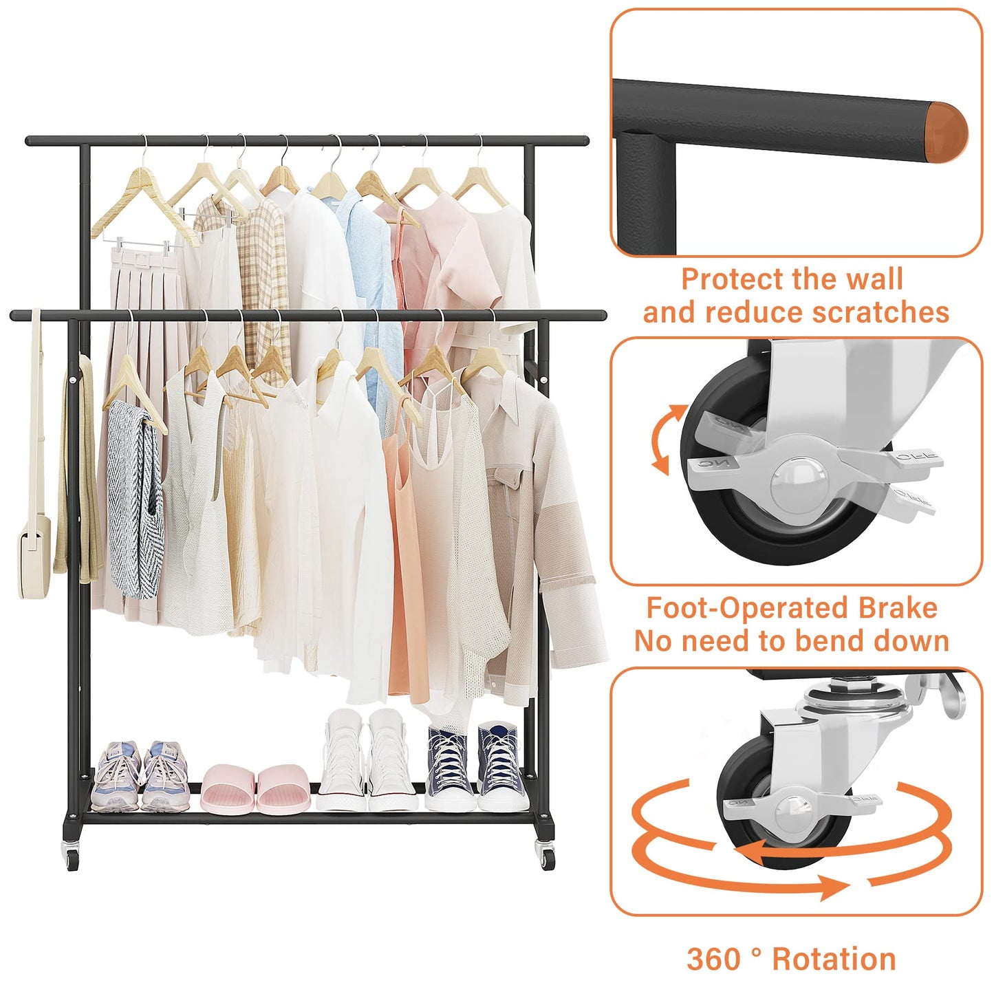 Calmootey Double Rod Clothing Garment Rack,Rolling Hanging Clothes Rack,Portable Clothes Organizer for Bedroom,Living Room,Clothing Store,Black