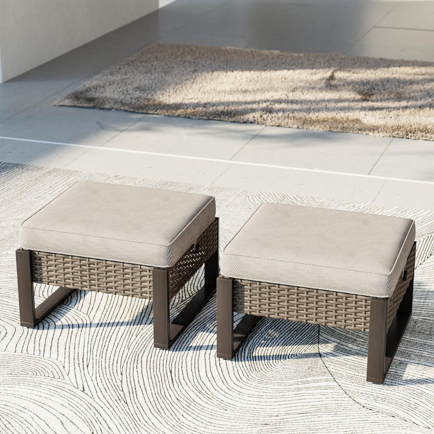 MaxMulti Patio Ottomans Set of 2, Outdoor Wicker Footrest with Thickened Cushions, Multipurpose Metal Patio Furniture for Outdoor, Backyard and Deck Use (Beige)