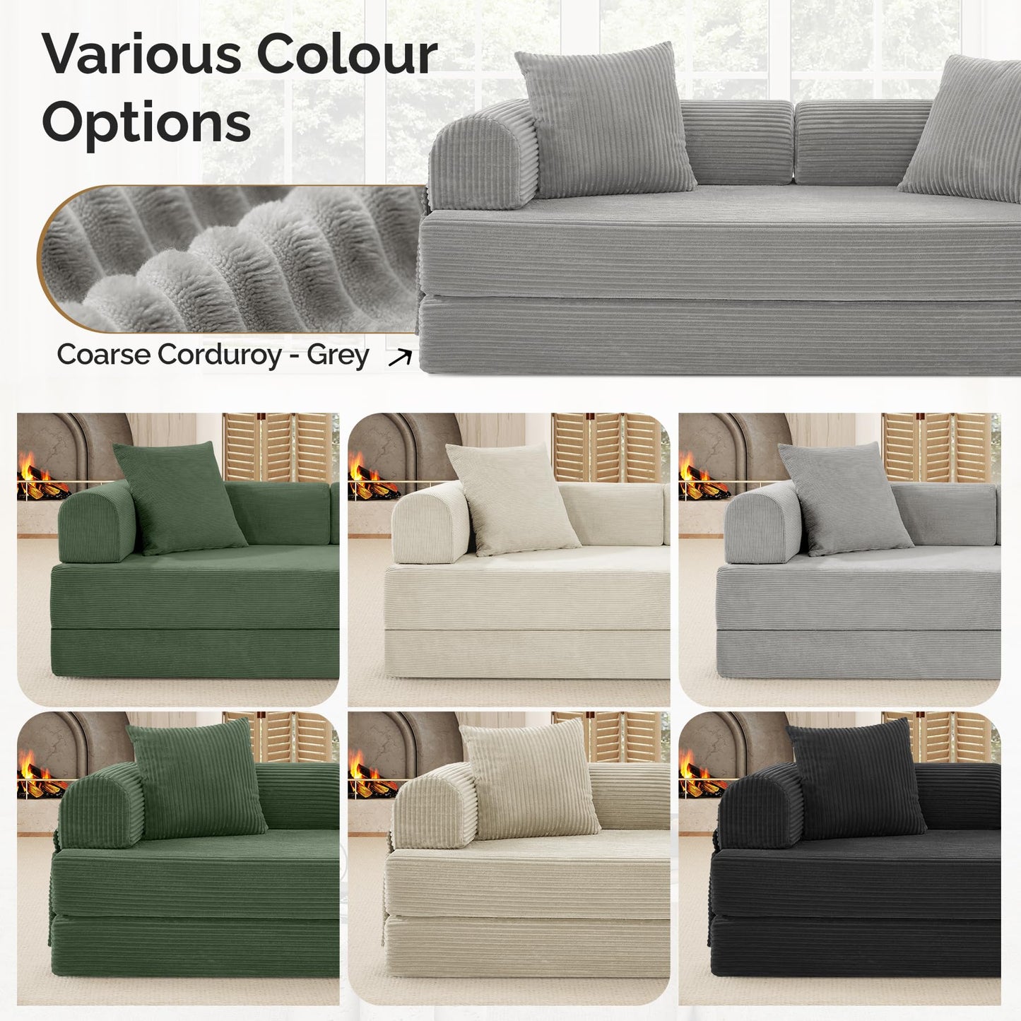 Luxanimarion Convertible Coarser Corduroy Sleeper Sofa Bed with Cylindrical Pillow, Folding Mattress Couch with Fixed-Shape Frame, Floor Sofa Lounge Couch for Living Room Bedroom Lounge Studio, Grey