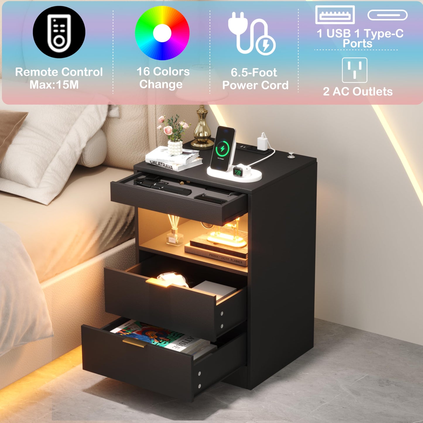 Yusong Night Stand with Gun Drawer & Invisible Lock, Bedside Table, LED Nightstand with Charging Station, Modern Night Stand, Wood Sofa Couch End Side Table with 2 Pull-Out Shelf, Black