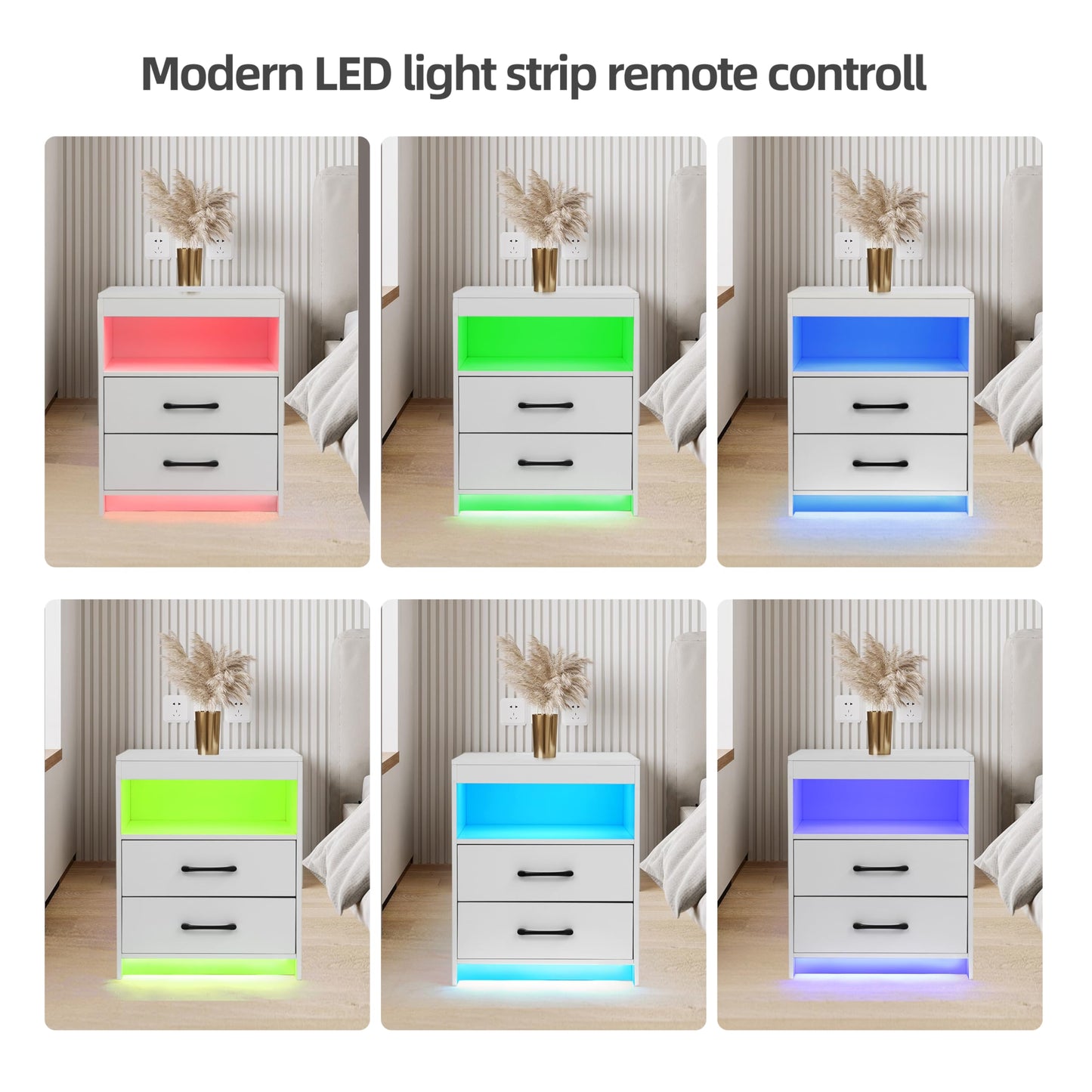 ansefe Nightstand with Charging Station and LED Lights, Bedside Table with 2 Drawers and Open Shelves, Modern End Side Table,White