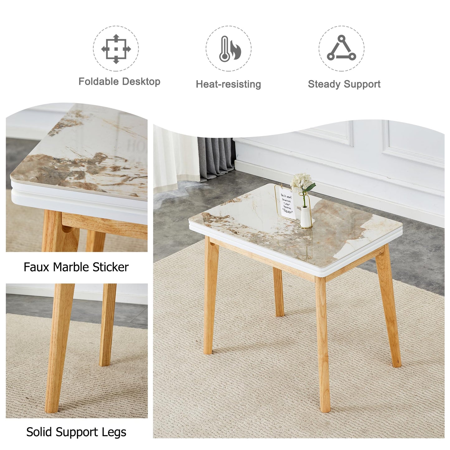 JEARGE 35-47" Marble Dining Table Set for 4, Extendable Dining Table Set for 4, Stone Table Top with Wood Stand, Small Transformer Dining Set Ideal for Small Spaces and Apartments