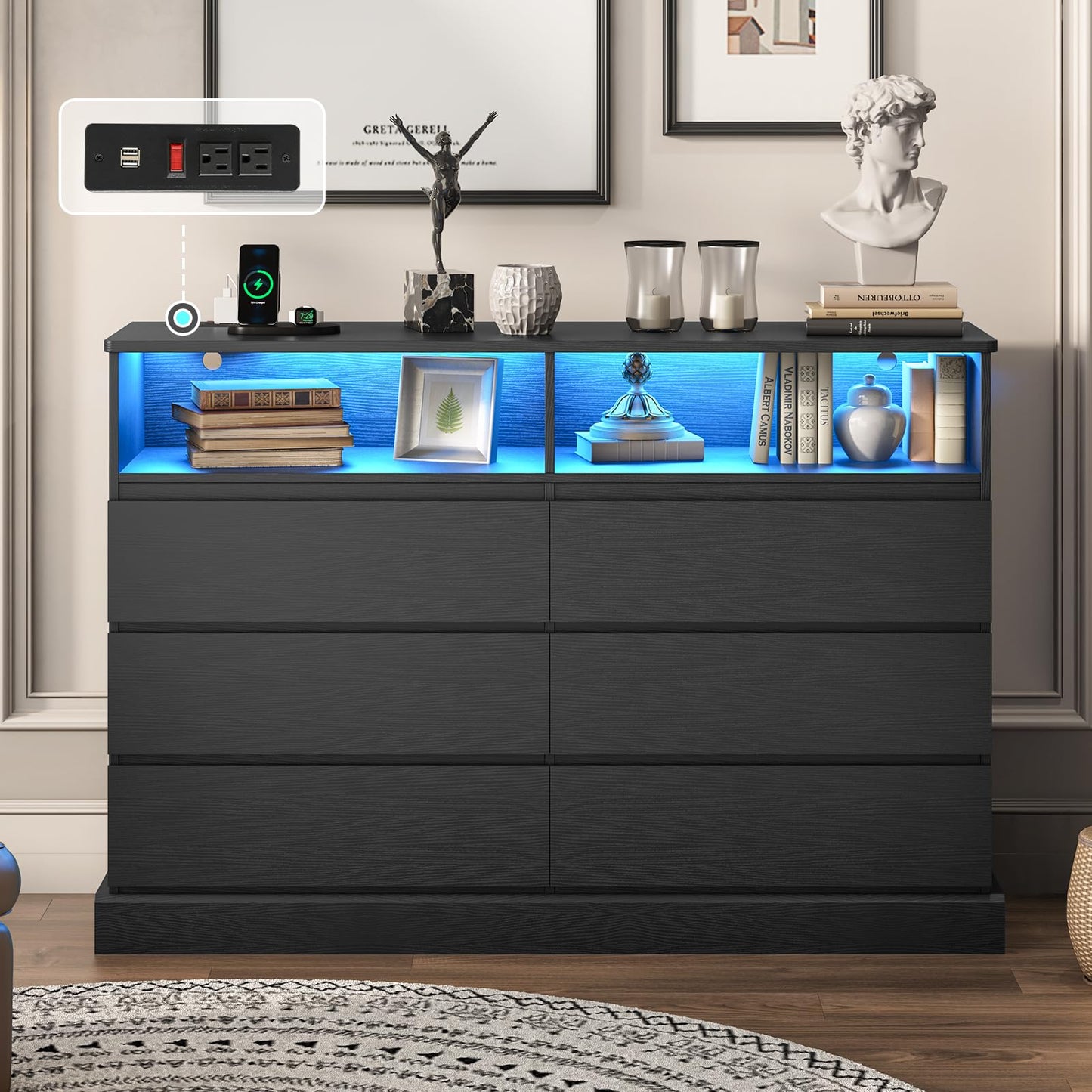 DICTAC Black Dresser for Bedroom with LED Lights with Charging Station, 6 Drawer Double Dresser with No Handle Drawers, Modern Chest of Drawers for Living Room, Entryway