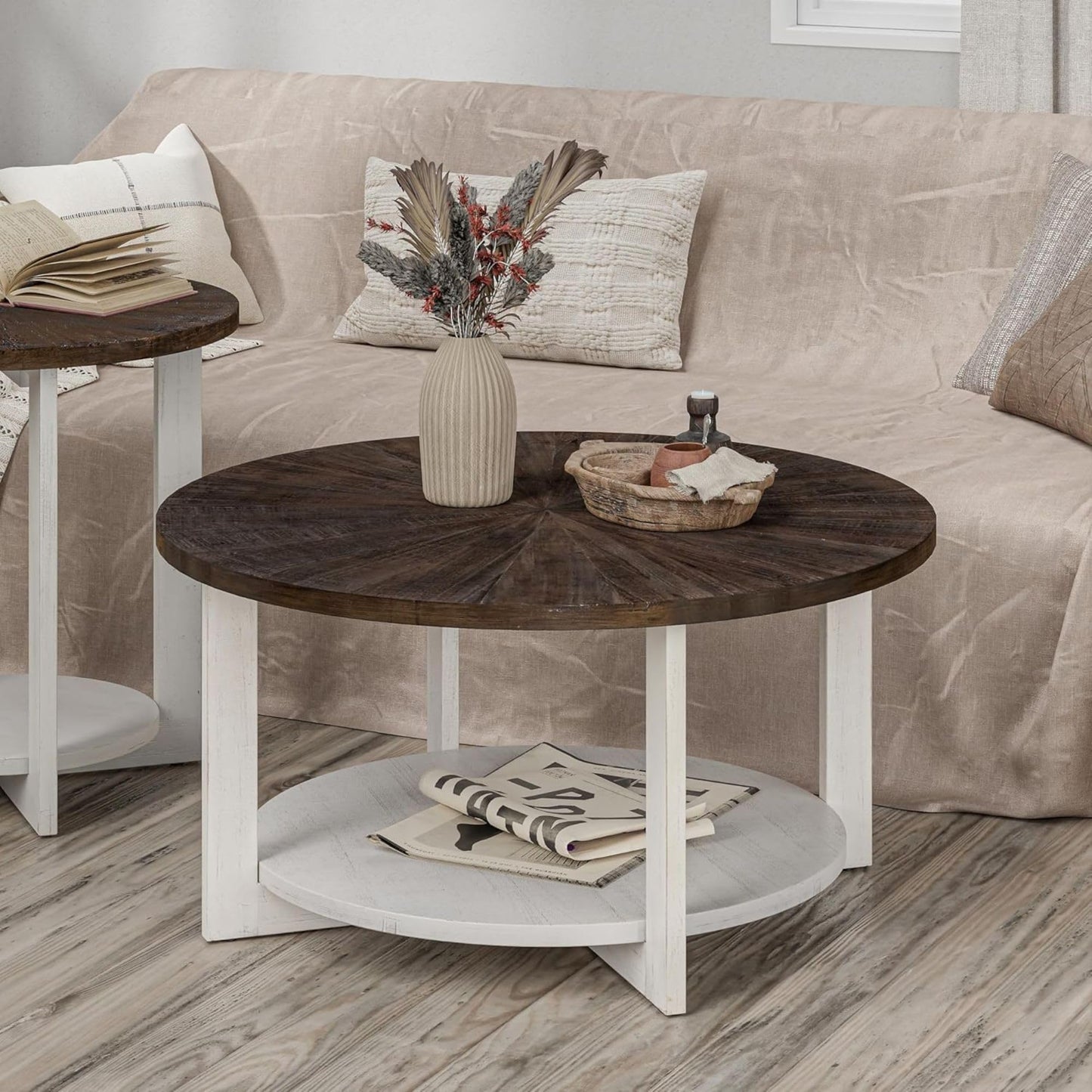 COZAYH Round Wood Coffee Tables with Storage, Rustic Farmhouse Coffee Table with Distressed Wood Top, Large Circle Table for Living Room, Brown, 32Dx32Wx19.5H in