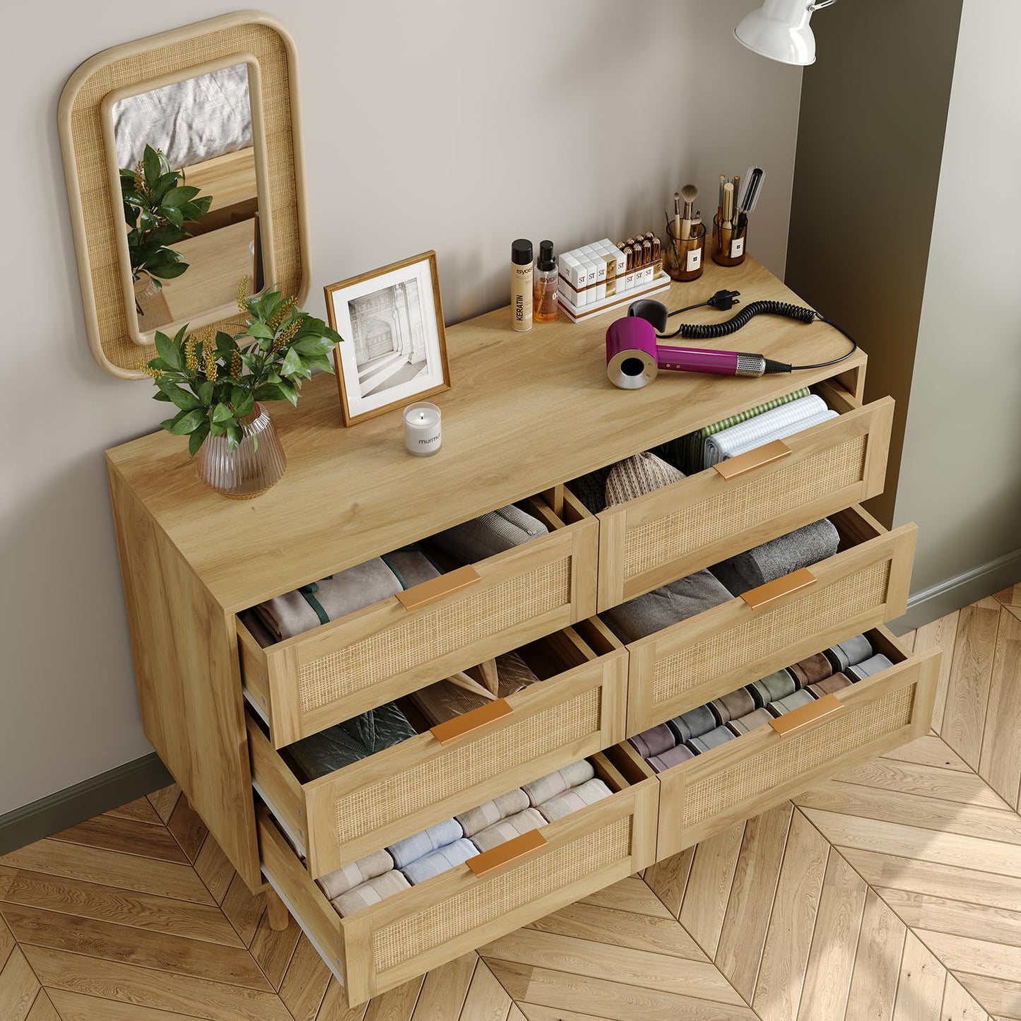 Furniouse 6 Drawer Rattan Dresser for Bedroom Wood Boho Dressers with Solid-Wood Legs & Natural Real Rattan Drawer, Modern Chest of Drawers Beside Table for Bedroom, Living Room