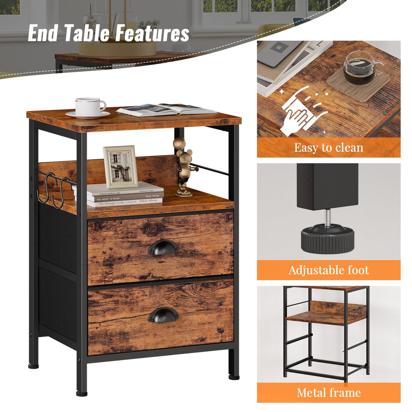 Furologee Nightstands Set 2, Bedside Table with 2 Fabric Drawers, End Table with Hooks and Shelf, Side Table for Bedroom/Living Room/Study/Hallway/Brown
