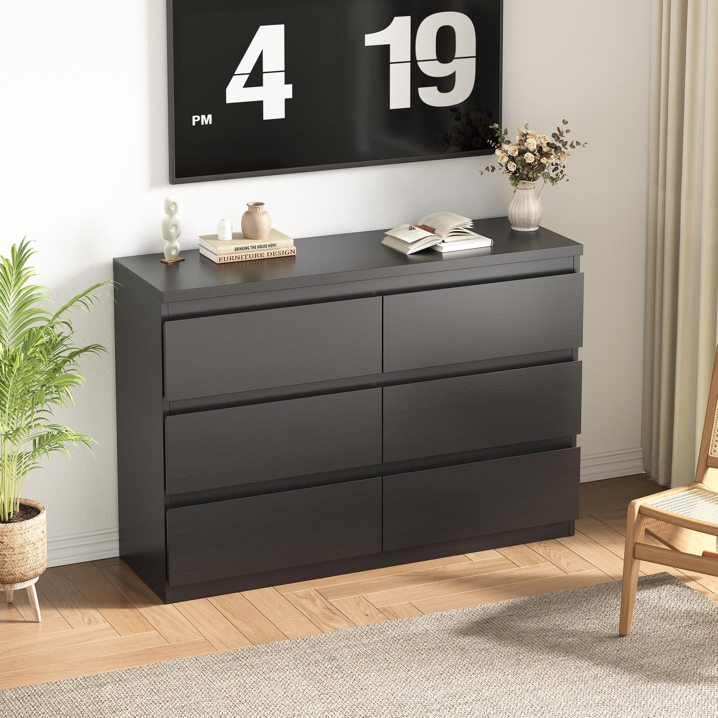 Jocoevol Black 6 Drawer Dresser for Bedroom, 15.3" D x 47.2" W x 32.3" H in Simply Modern Chest of Drawers, Wood Storage Double Dresser with Deep Drawers for Living Room, Hallway Entryway, Black