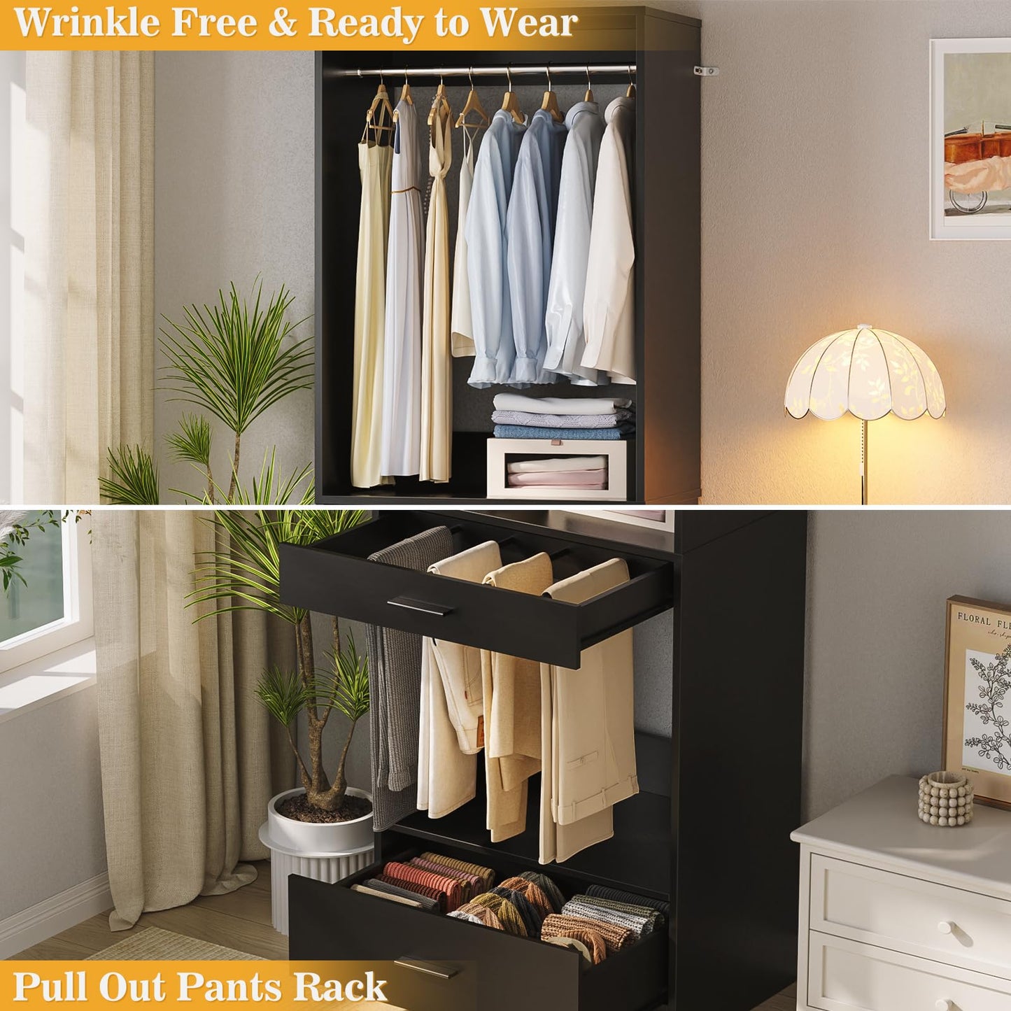 Homieasy Closet System Organizer with Hanging area, Pants Rack & Drawer – Expandable & Sturdy Modular Closet Storage Unit, Customizable Wardrobe Organizer for Bedroom or Walk-In Closet, Black
