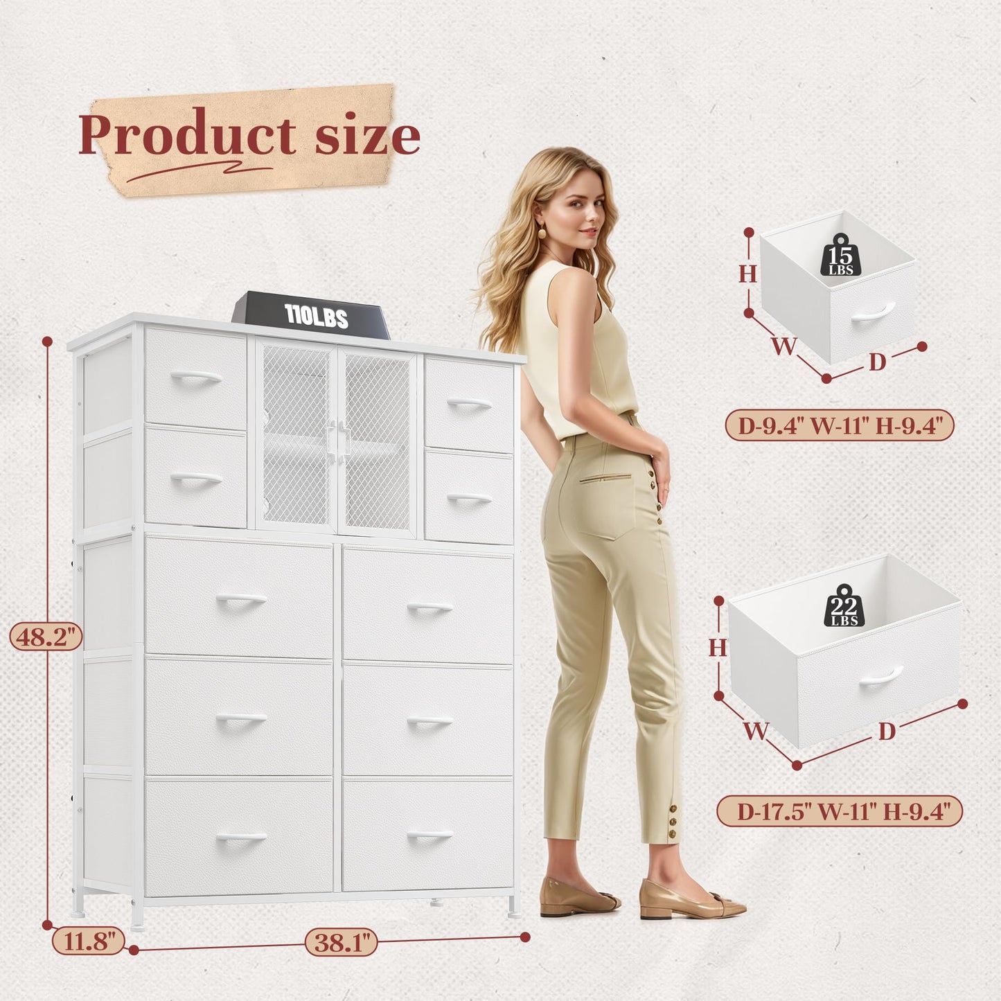 Romorgniz White Dressers for Bedroom with 10 Drawers, Tall Dressers & Chests of Drawers with Large Metal Mesh Door, Closet, Hallway 48.2" H x 38.1" W x 11.8" D