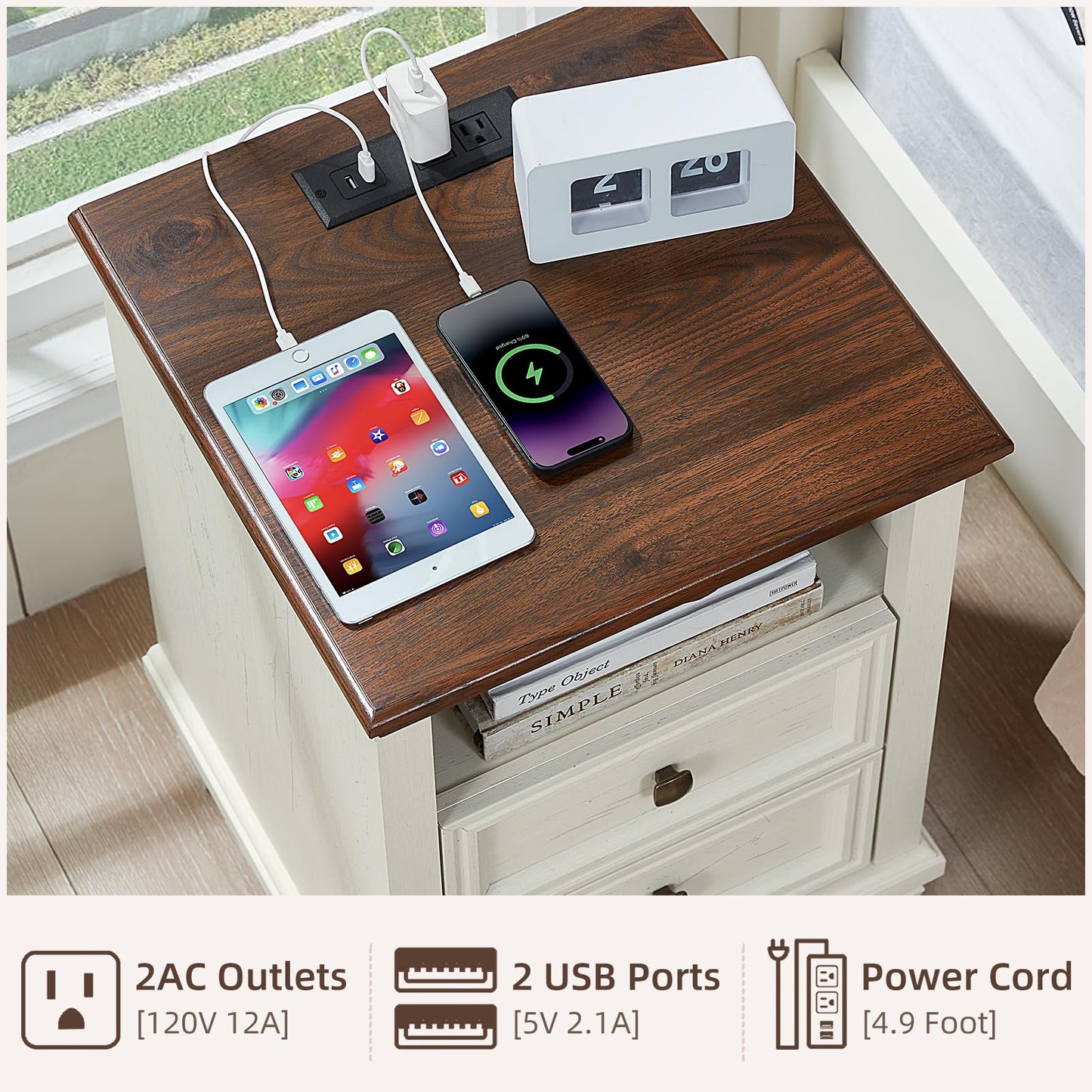 SAVOR LIFE Farmhouse Nightstand Set of 2 with Charging Station, Rustic White Nightstand,2 Drawers End Table for Living Room,Bedside Table with Open Shelf for Bed Room,White