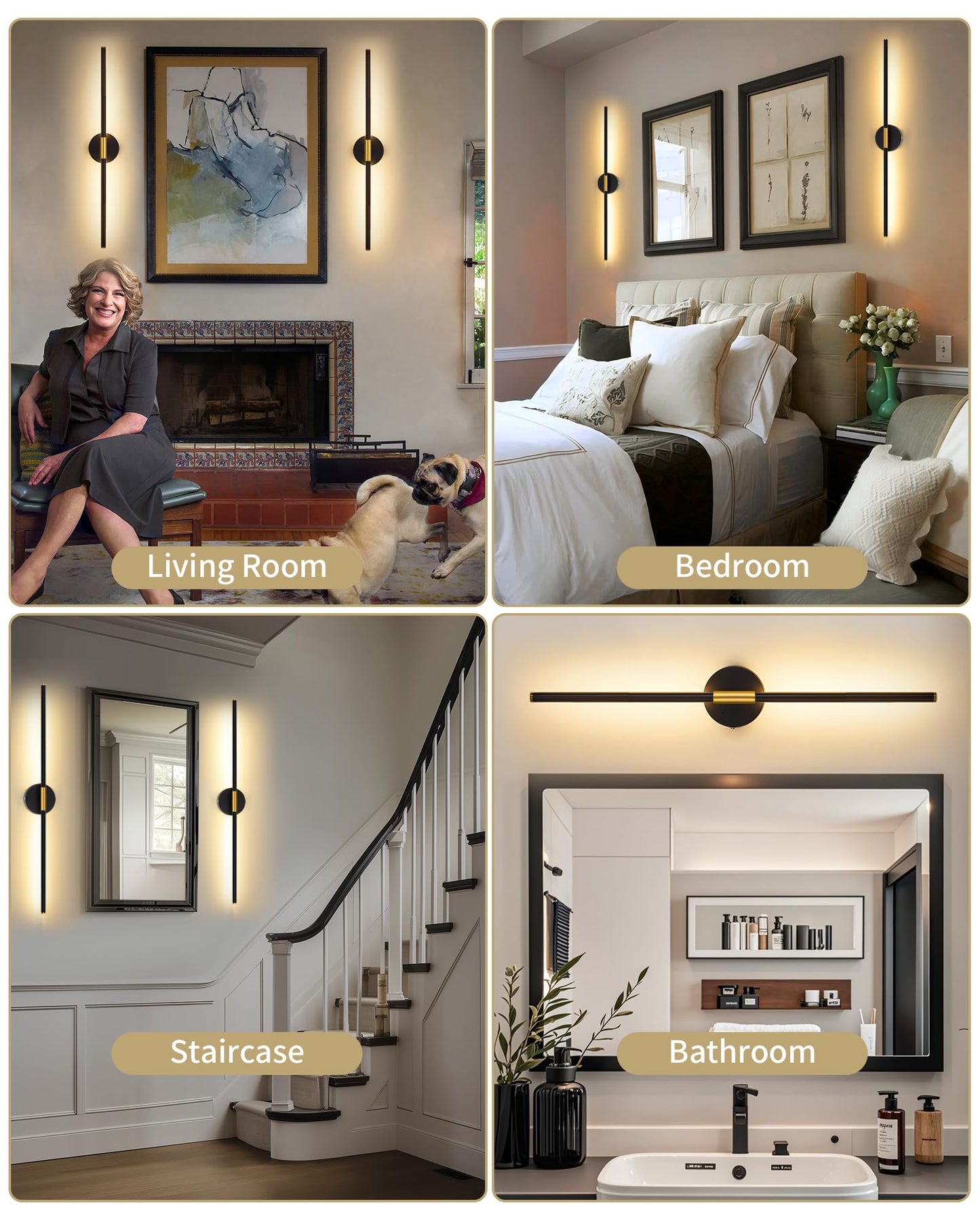 Battery Operated Wall Sconce Set of 2, 10000mAh Wireless Rechargeable Wall Lights with Remote, 24 Inch Dimmable 3000K-6000K LED Wall Lamps with Timer for Living Room, Bedroom, Black Gold, 350° Rotate