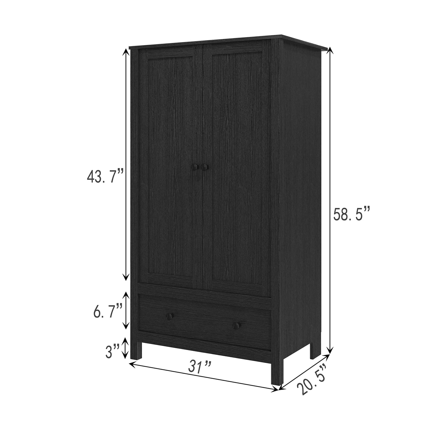 Panana Modern Wooden 2 Doors Wardrobe Double Wardrobe with 1 Storage Drawer Armoires Clothing Storage Cabinet for Bedroom (Black)