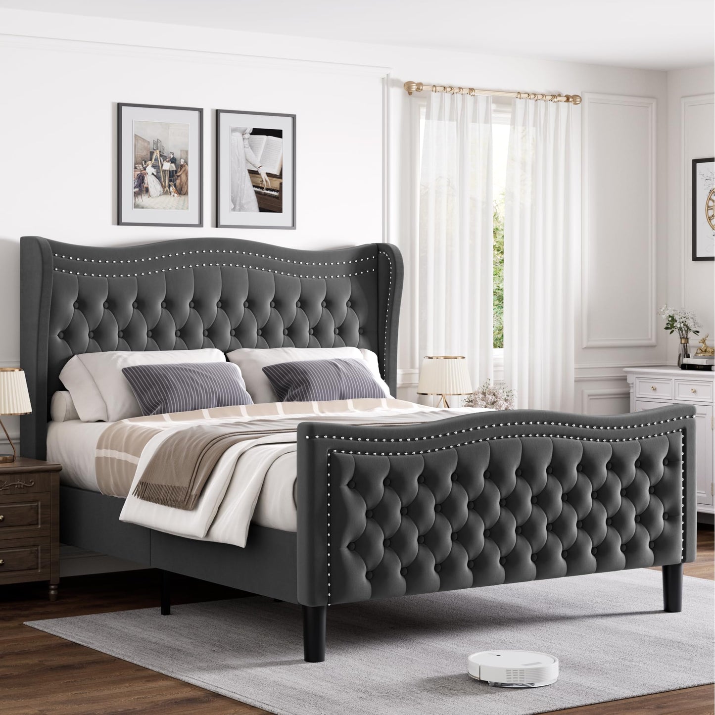 VINTLJUS Queen Bed Frame with Tall Headboard & Footboard, Velvet Upholstered Platform Bed Frame with Deep Button Tufted Wingback, No Box Spring Needed, Noise Free, Grey